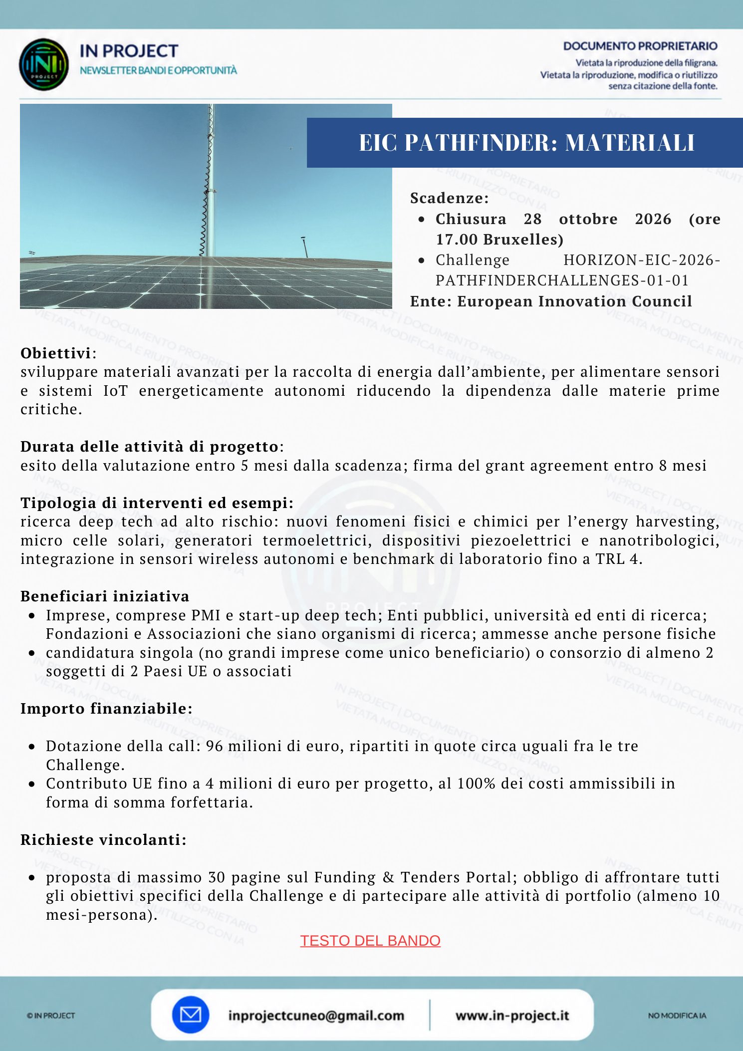 Commissione europea EIC — Pathfinder Challenge, materiali per l'energy harvesting (scadenza bando 28 ottobre 2026)