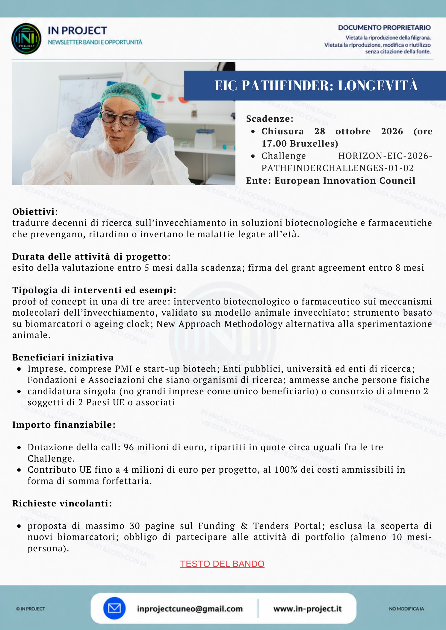 Commissione europea EIC — Pathfinder Challenge, longevità e malattie legate all'età (scadenza bando 28 ottobre 2026)