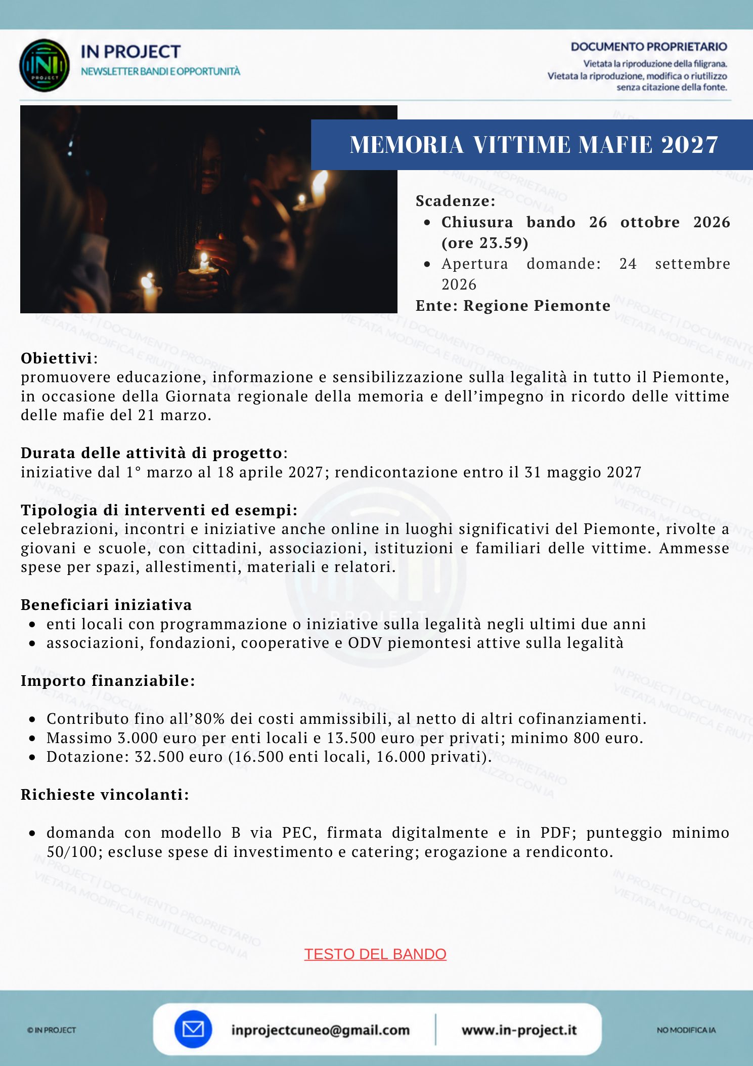 Regione Piemonte — Giornata della memoria delle vittime delle mafie 2027, iniziative sulla legalità (scadenza bando 26 ottobre 2026)