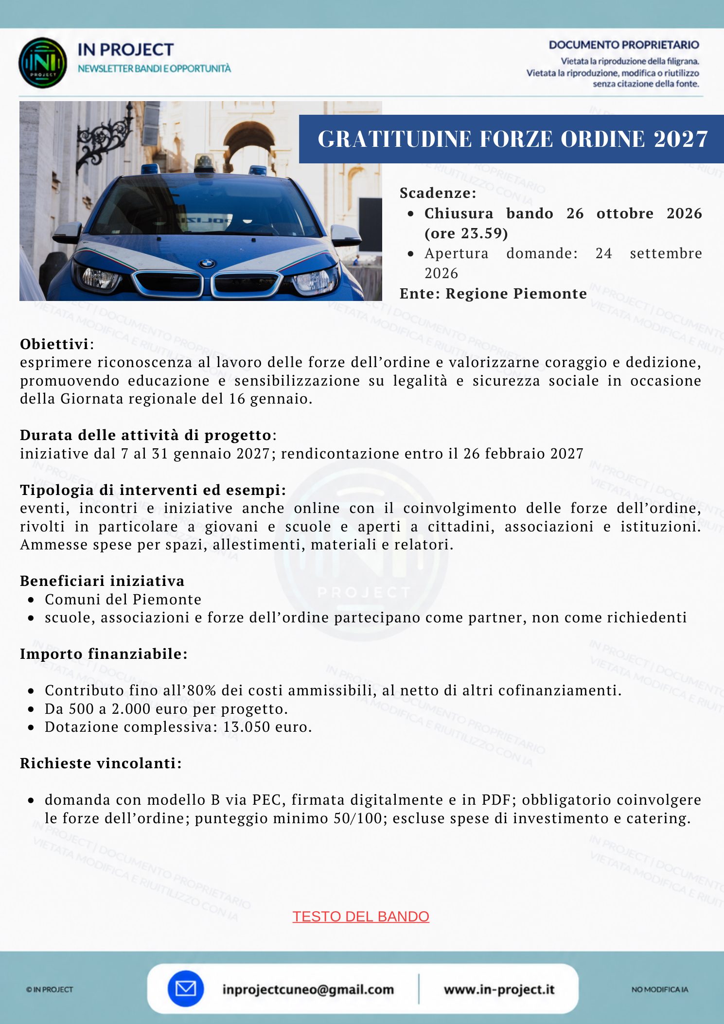 Regione Piemonte — Giornata della gratitudine alle forze dell'ordine 2027 (scadenza bando 26 ottobre 2026)