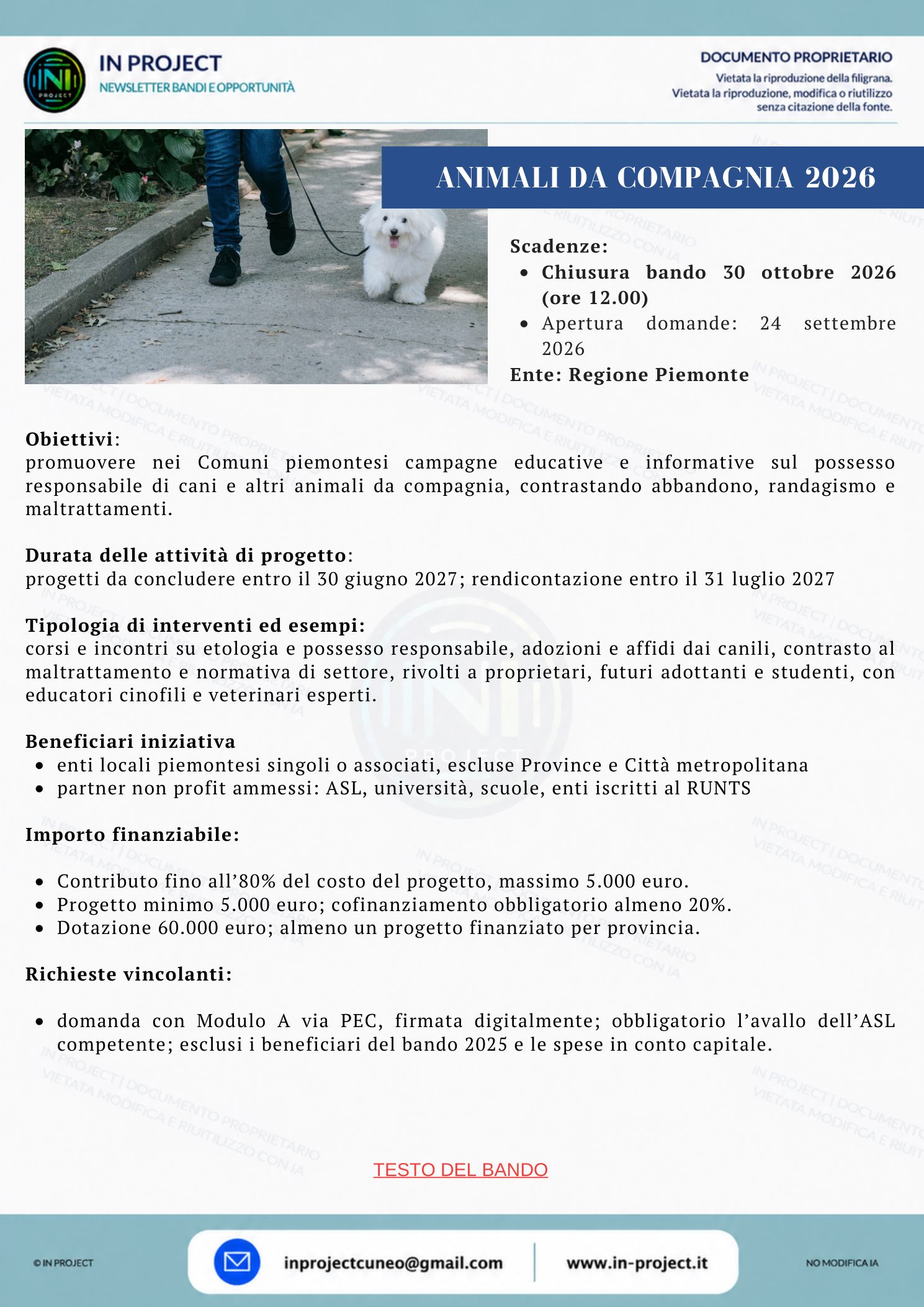 Regione Piemonte — Possesso responsabile degli animali da compagnia 2026, contributi ai Comuni (scadenza bando 30 ottobre 2026)