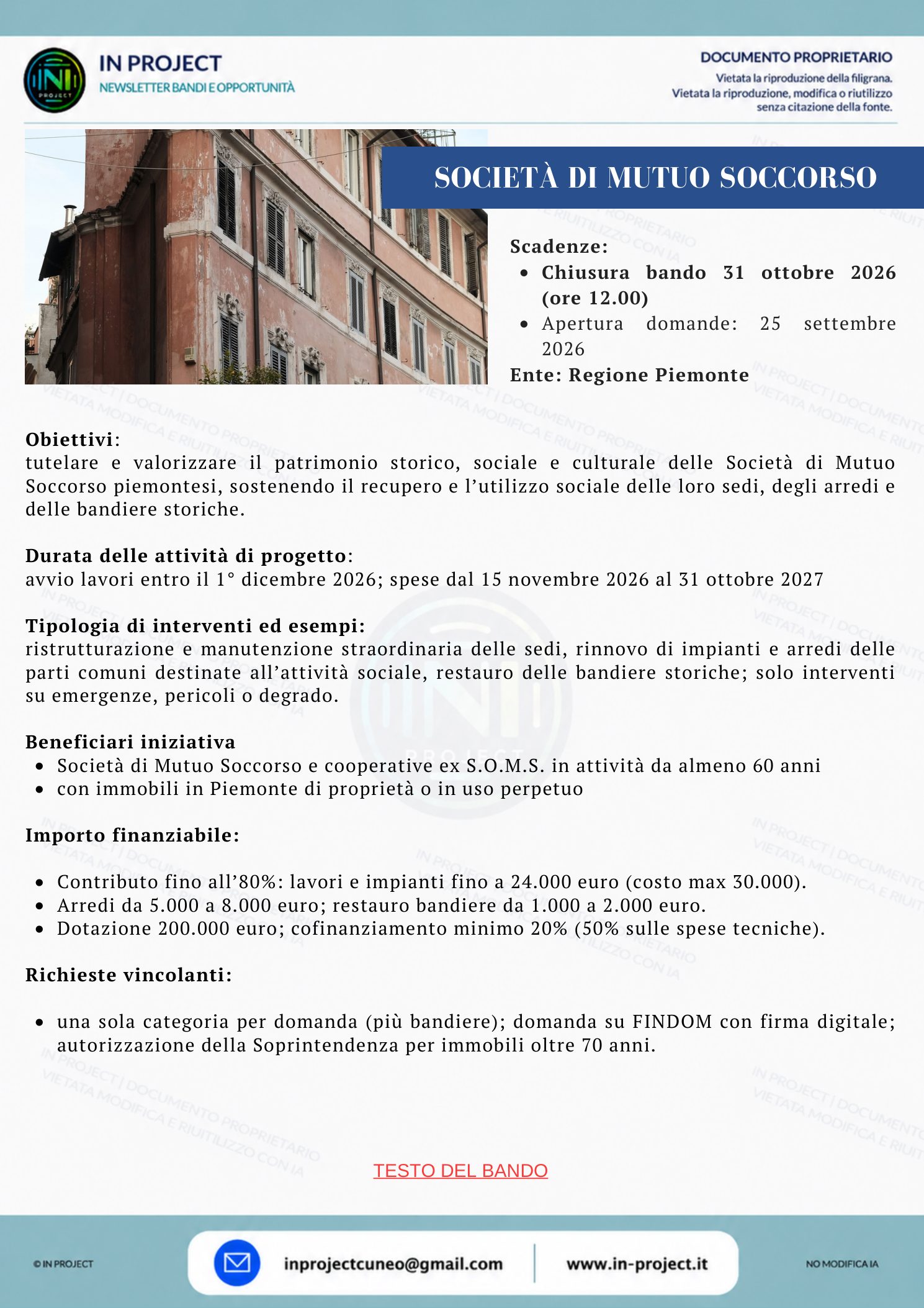 Regione Piemonte — Società di Mutuo Soccorso, contributi per sedi, arredi e bandiere storiche (scadenza bando 31 ottobre 2026)