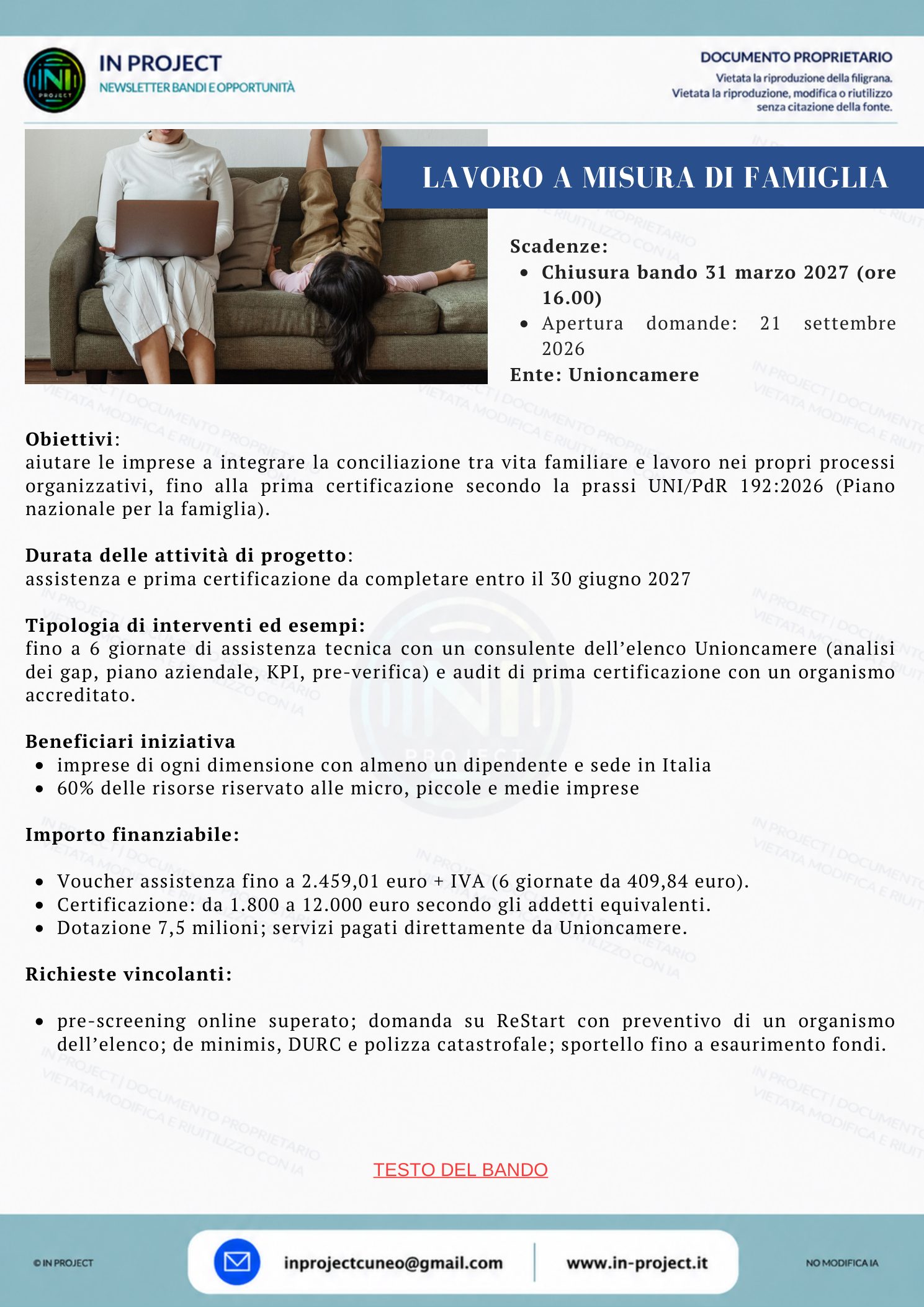 Unioncamere — Lavoro a misura di famiglia, voucher per la conciliazione vita-lavoro (scadenza bando 31 marzo 2027)