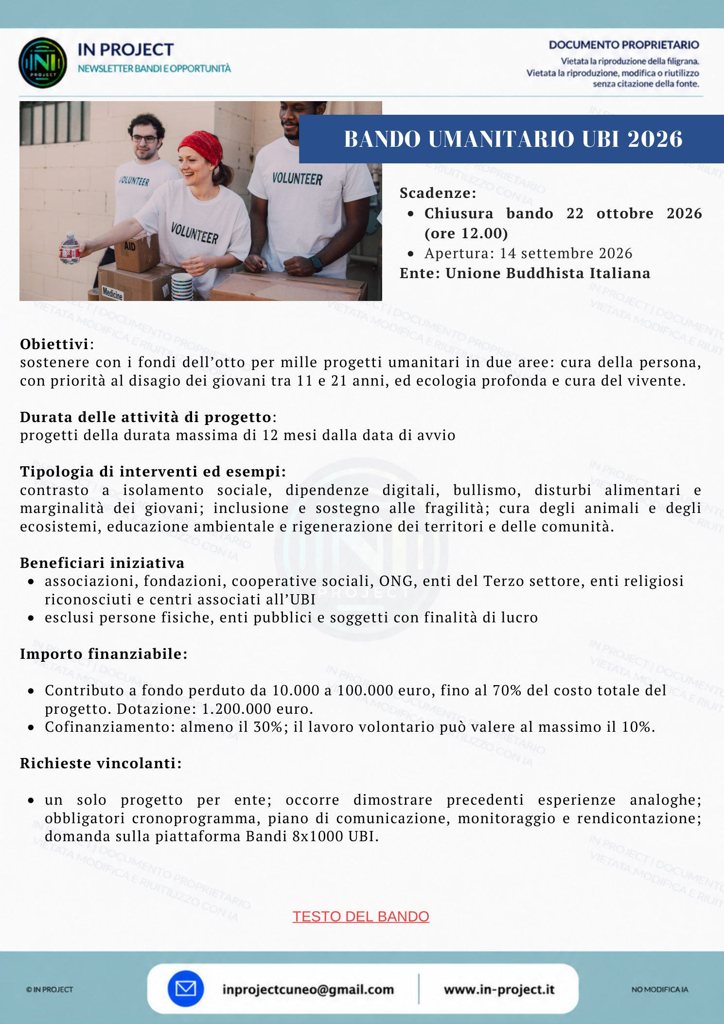 Unione Buddhista Italiana — Bando umanitario 8x1000 2026 (scadenza bando 22 ottobre 2026)