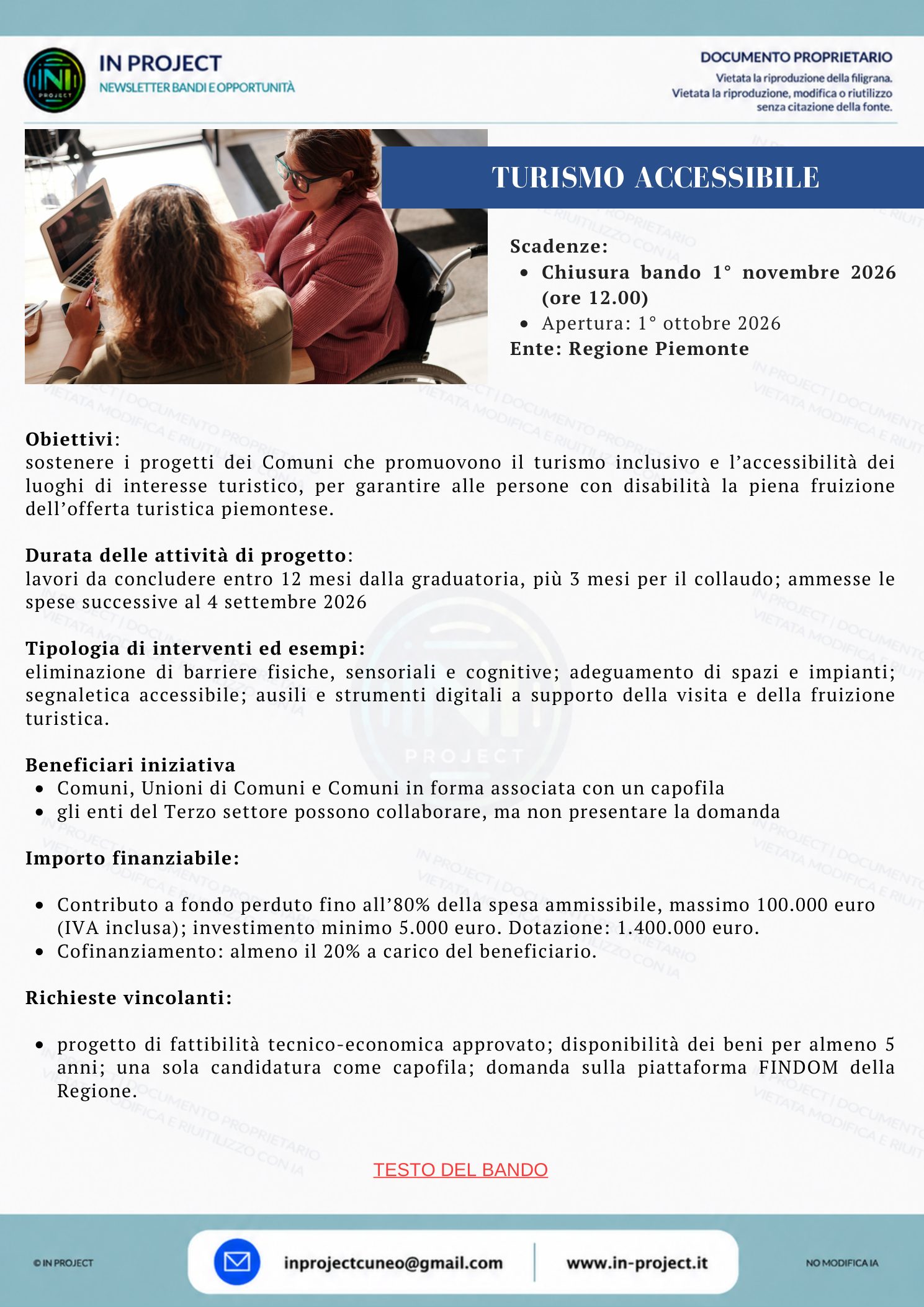 Regione Piemonte — Turismo accessibile e inclusivo per i Comuni (scadenza bando 1 novembre 2026)
