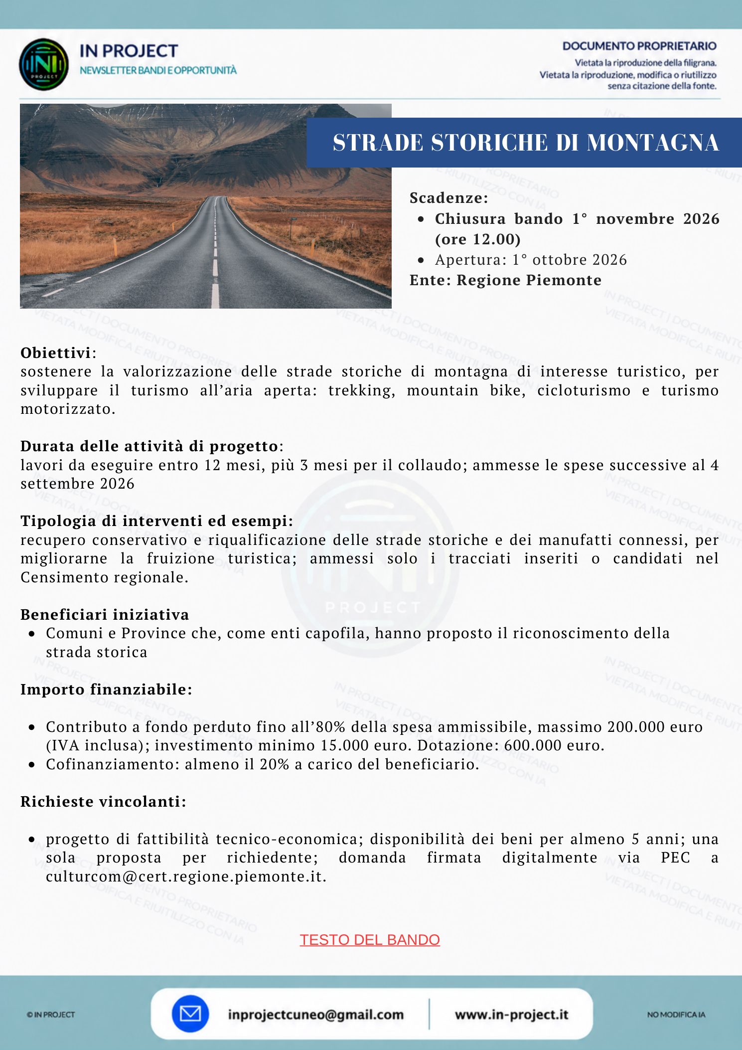 Regione Piemonte — Strade storiche di montagna di interesse turistico (scadenza bando 1 novembre 2026)