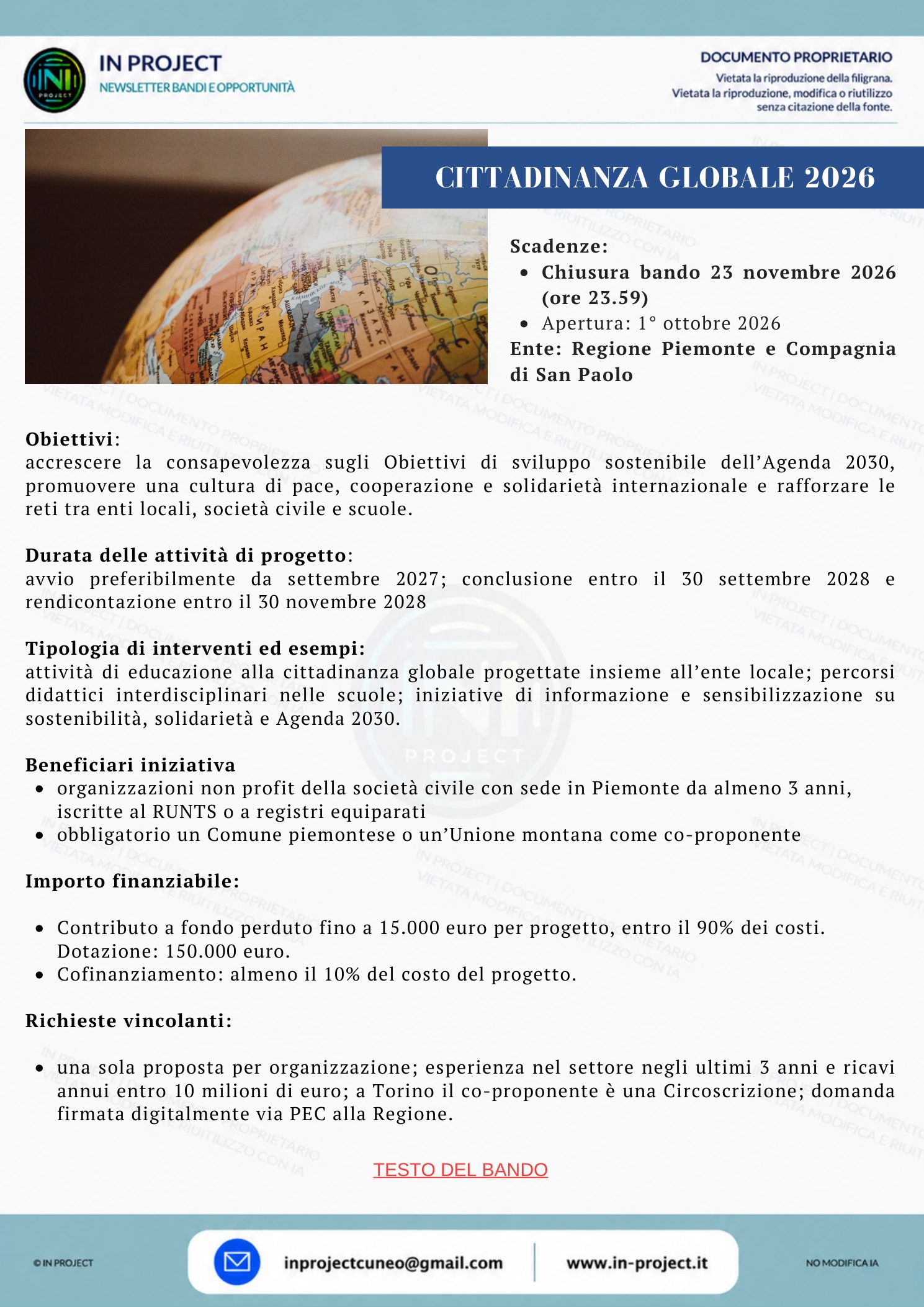 Regione Piemonte e Compagnia di San Paolo — Educazione alla cittadinanza globale 2026 (scadenza bando 23 novembre 2026)