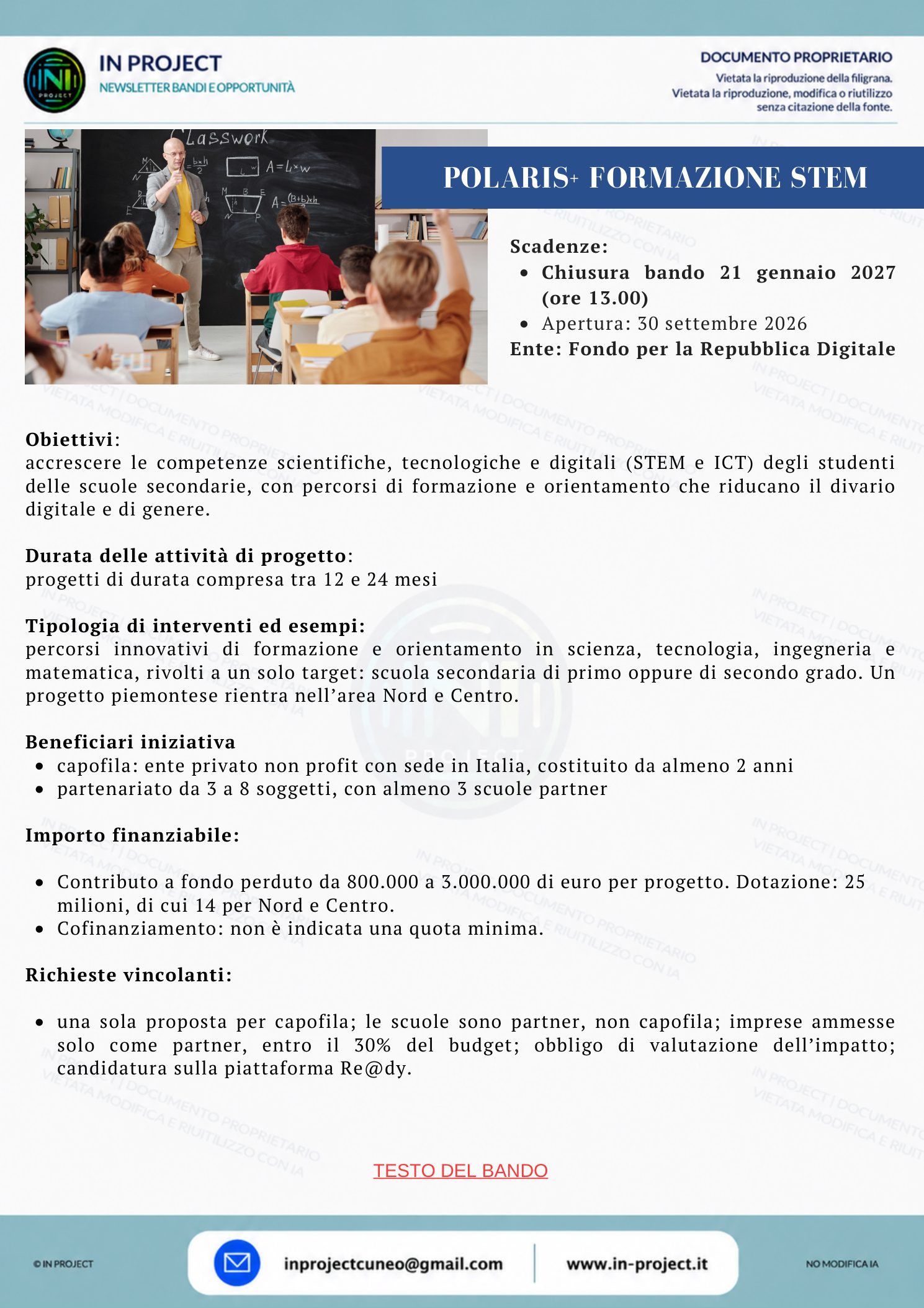 Fondo per la Repubblica Digitale — Polaris+, formazione STEM nelle scuole (scadenza bando 21 gennaio 2027)