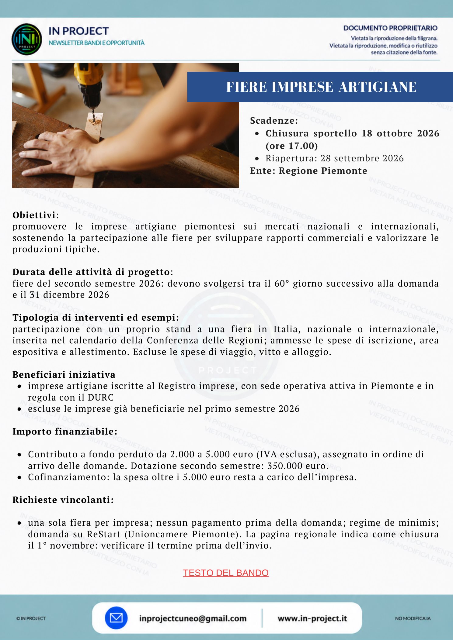 Regione Piemonte — Contributi alle imprese artigiane per le fiere, secondo semestre 2026 (bando a sportello, scadenza bando 18 ottobre 2026)