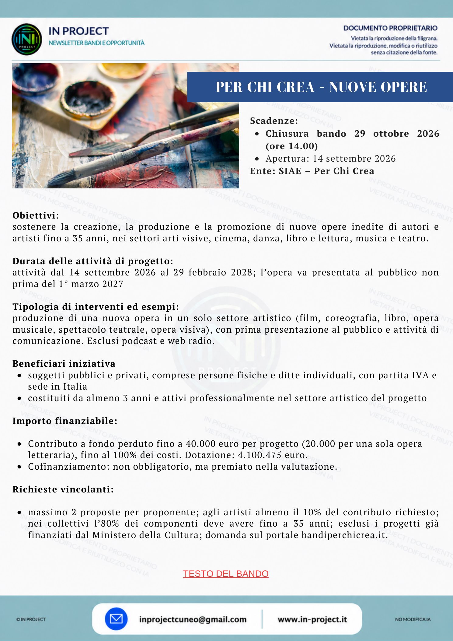 SIAE Per Chi Crea — Nuove opere di artisti under 35 (scadenza bando 29 ottobre 2026)
