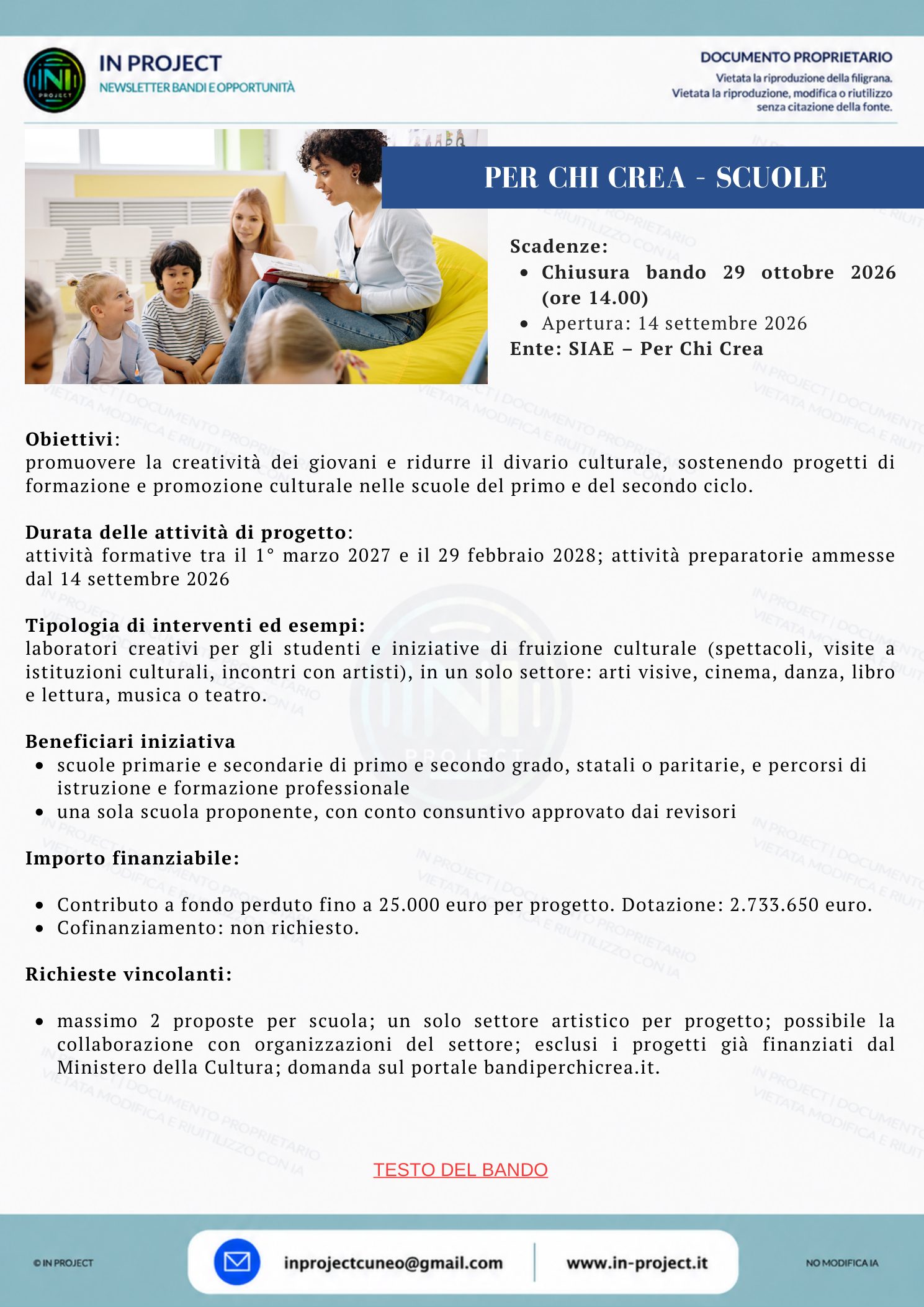 SIAE Per Chi Crea — Formazione e promozione culturale nelle scuole (scadenza bando 29 ottobre 2026)