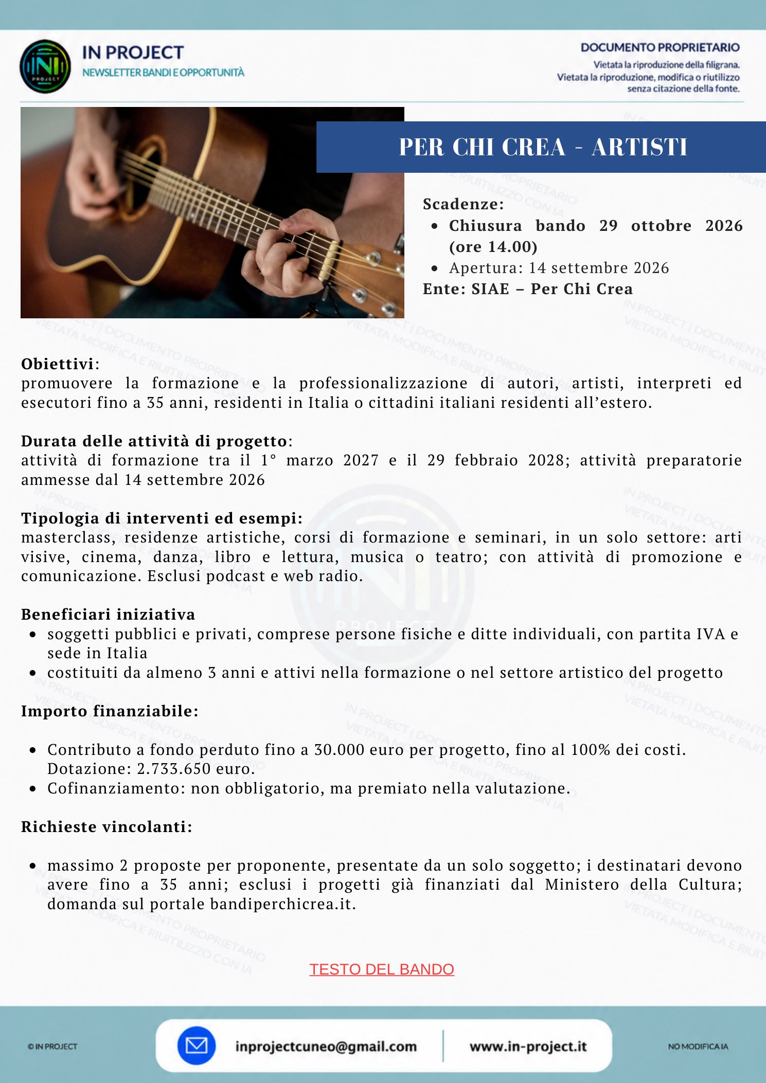 SIAE Per Chi Crea — Professionalizzazione degli artisti (scadenza bando 29 ottobre 2026)