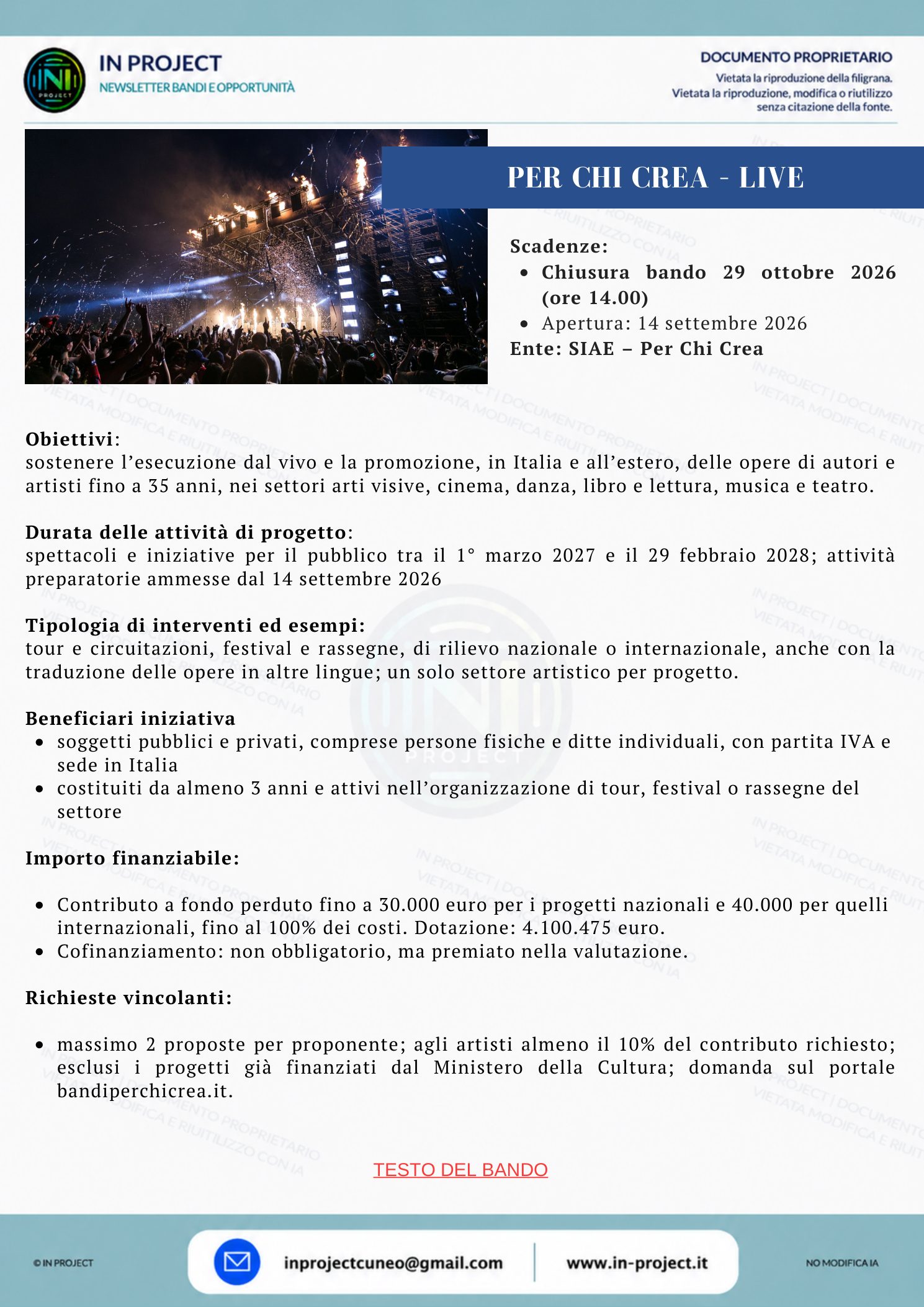 SIAE Per Chi Crea — Live e promozione nazionale e internazionale (scadenza bando 29 ottobre 2026)