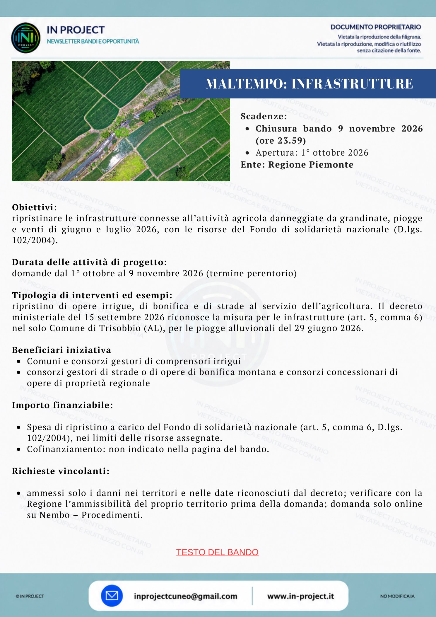 Regione Piemonte — Maltempo giugno-luglio 2026, ripristino infrastrutture agricole (scadenza bando 9 novembre 2026)