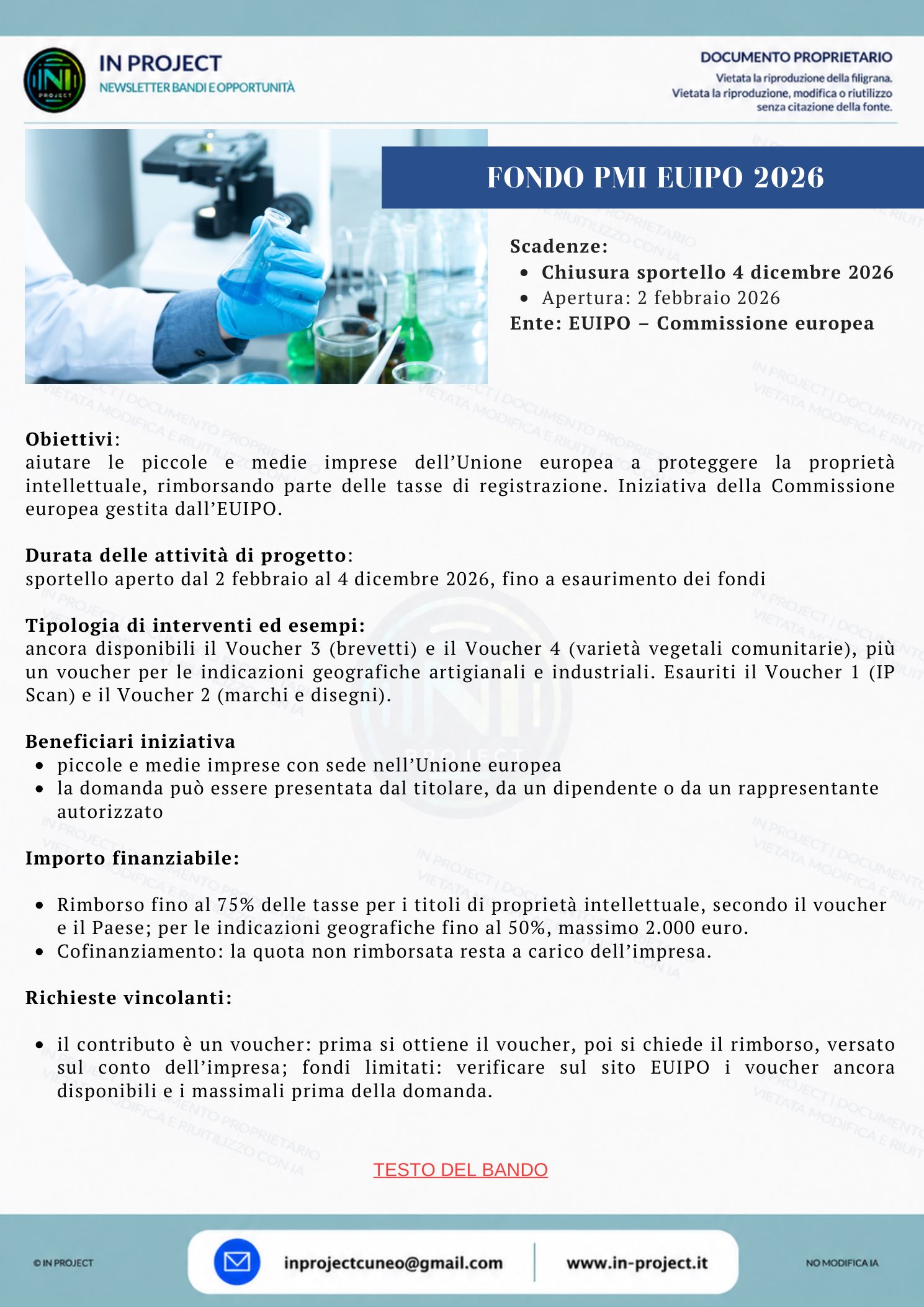 EUIPO — Fondo PMI 2026, voucher per la proprietà intellettuale (scadenza bando 4 dicembre 2026)