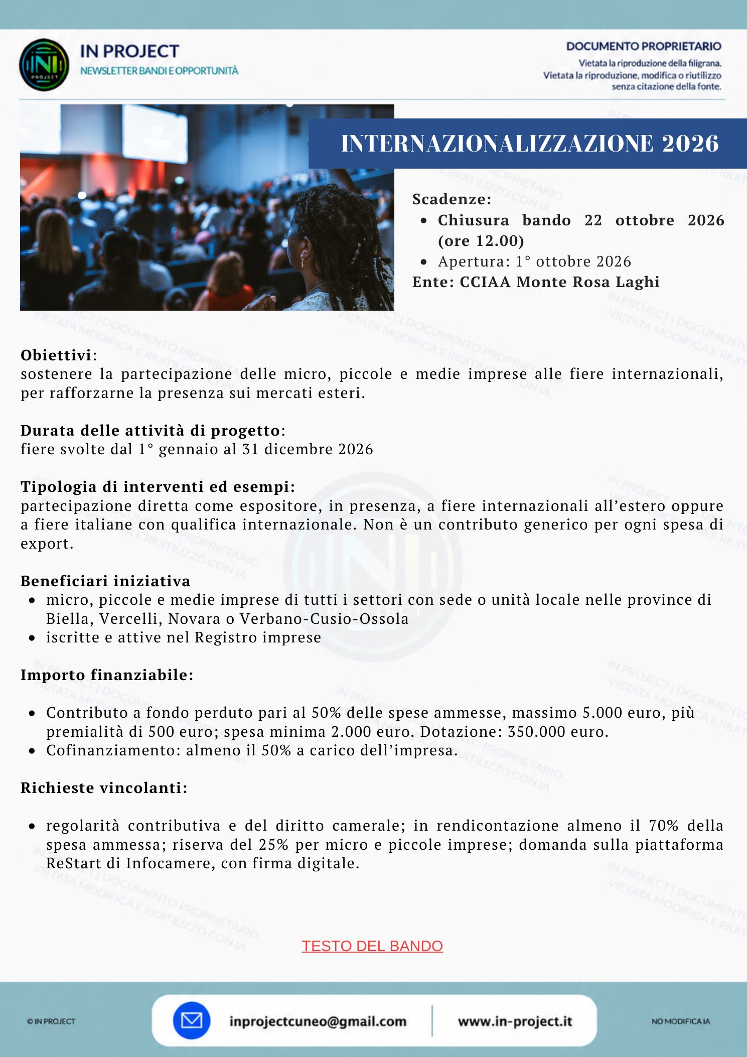 Camera di commercio Monte Rosa Laghi Alto Piemonte — Bando Internazionalizzazione 2026, fiere internazionali (scadenza bando 22 ottobre 2026)