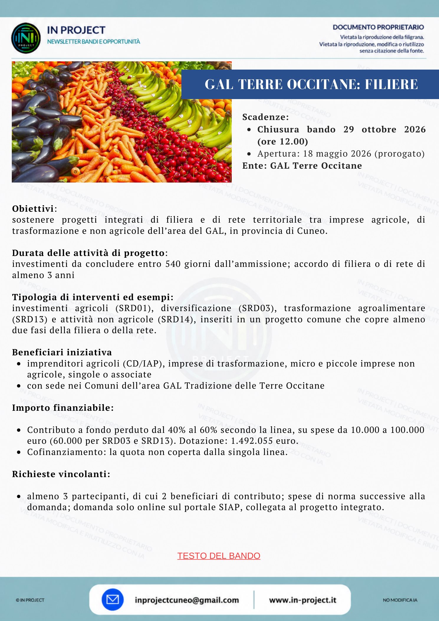 GAL Tradizione delle Terre Occitane — Bando multintervento per progetti di filiera e di rete (scadenza bando 29 ottobre 2026)