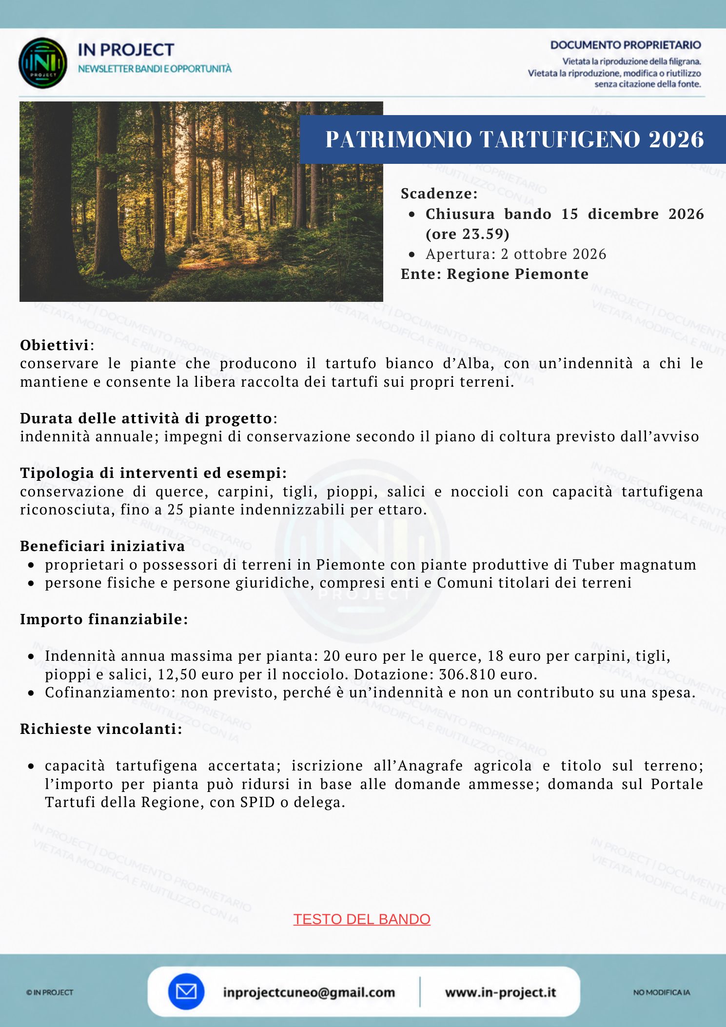 Regione Piemonte — Indennità per la conservazione del patrimonio tartufigeno 2026 (scadenza bando 15 dicembre 2026)