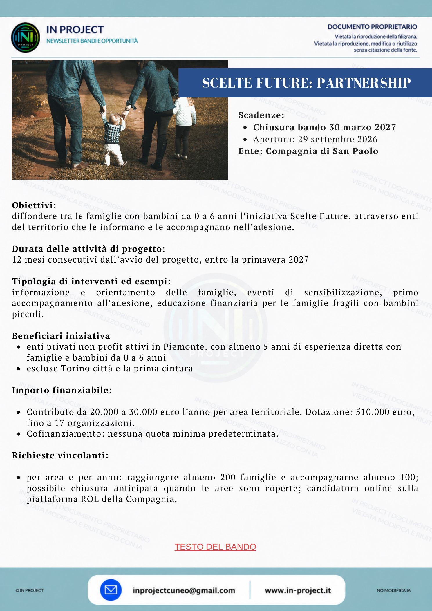 Compagnia di San Paolo — Scelte Future, call for partnership per famiglie con bambini 0-6 anni (scadenza bando 30 marzo 2027)