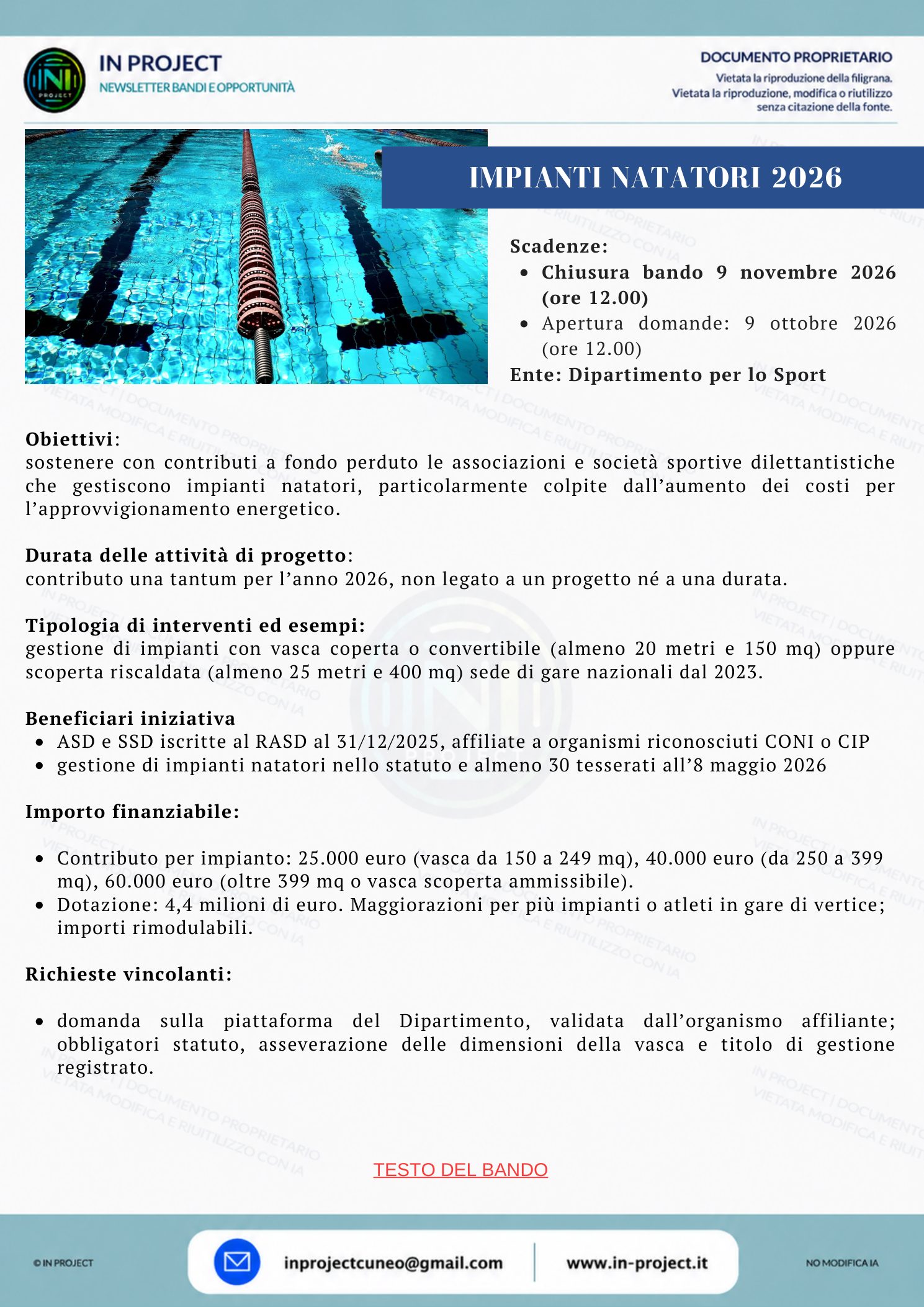 Dipartimento per lo Sport — Impianti natatori 2026, contributo a fondo perduto per ASD e SSD che gestiscono piscine (scadenza bando 9 novembre 2026)