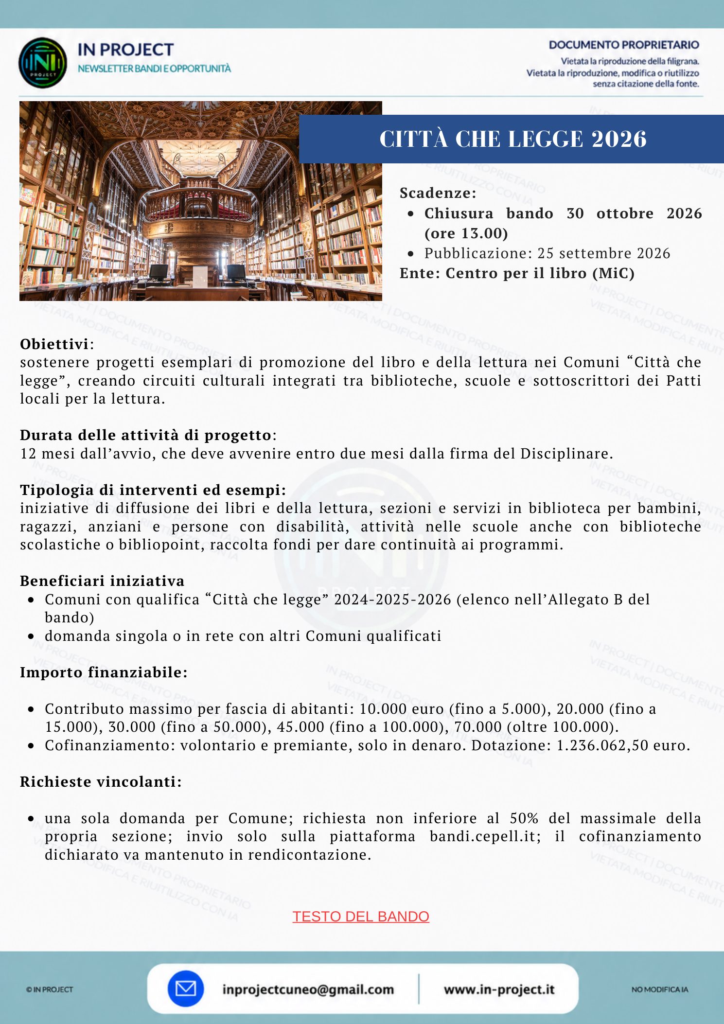 Centro per il libro e la lettura — Città che legge 2026, promozione della lettura nei Comuni (scadenza bando 30 ottobre 2026)