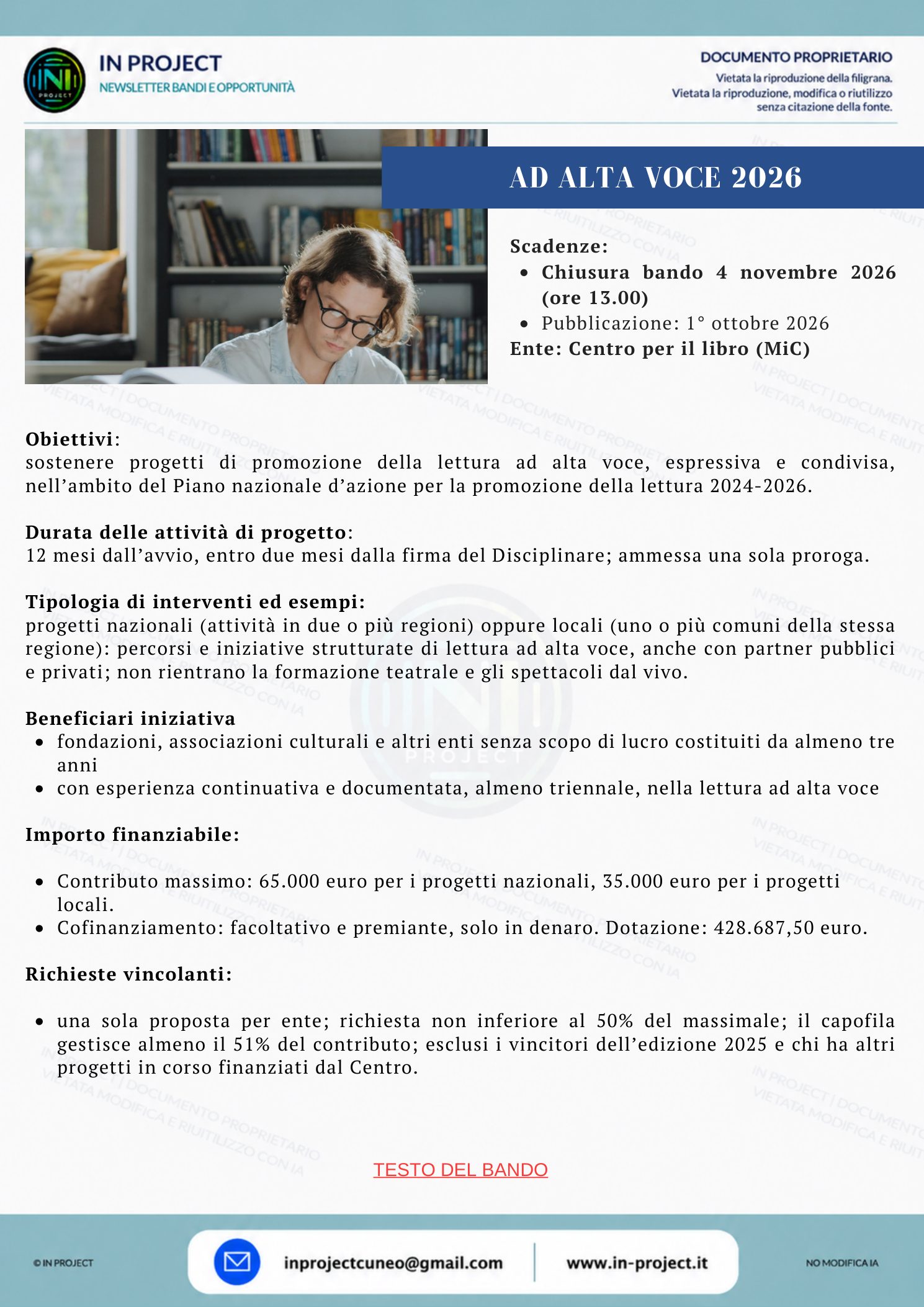 Centro per il libro e la lettura — Ad alta voce 2026, promozione della lettura ad alta voce (scadenza bando 4 novembre 2026)