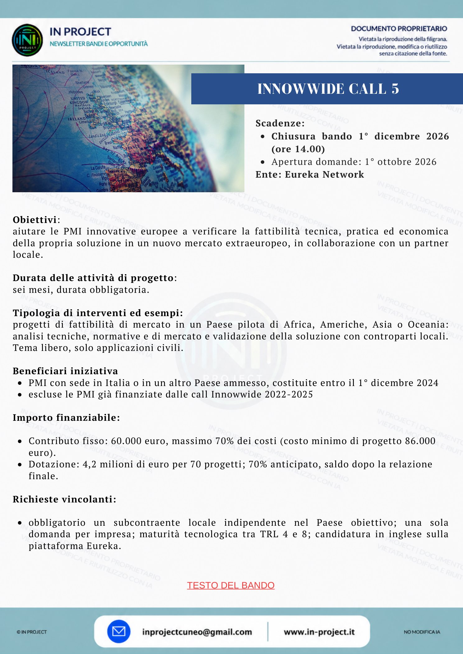 Eureka Network — Innowwide Call 5, progetti di fattibilità per PMI nei mercati extraeuropei (scadenza bando 1 dicembre 2026)