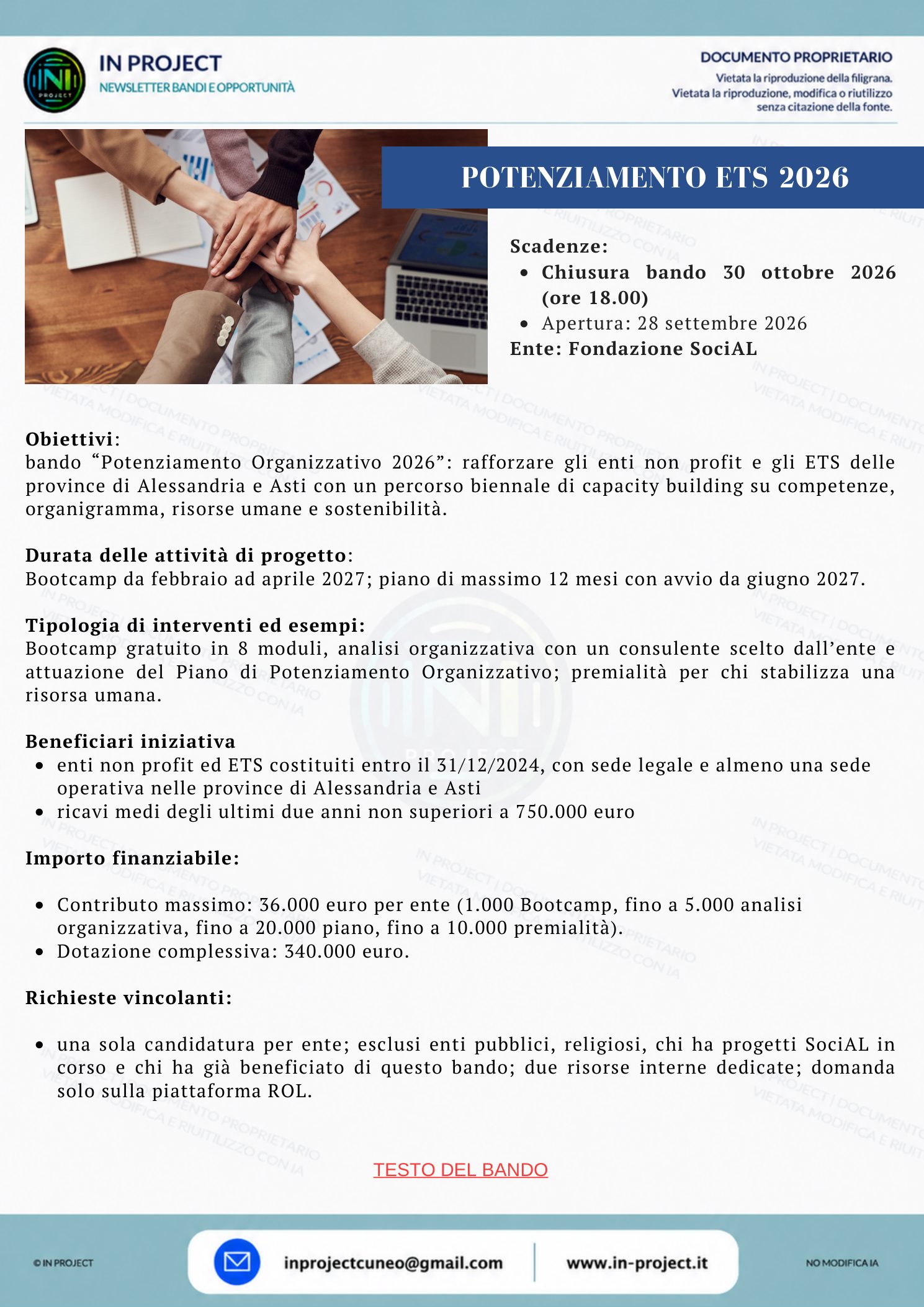 Fondazione SociAL — Potenziamento Organizzativo 2026 per enti non profit di Alessandria e Asti (scadenza bando 30 ottobre 2026)