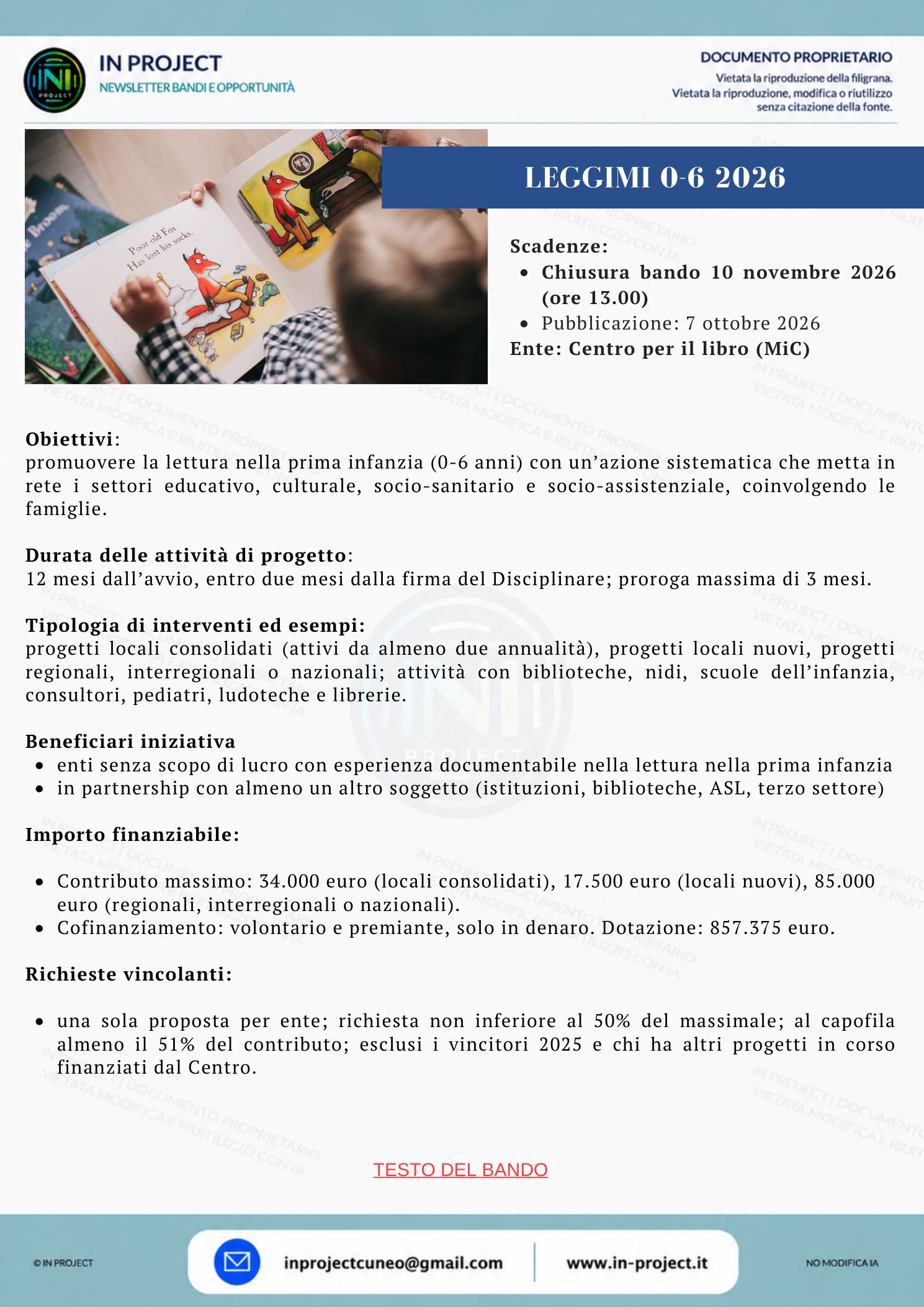 Centro per il libro e la lettura — Leggimi 0-6 2026, promozione della lettura nella prima infanzia (scadenza bando 10 novembre 2026)