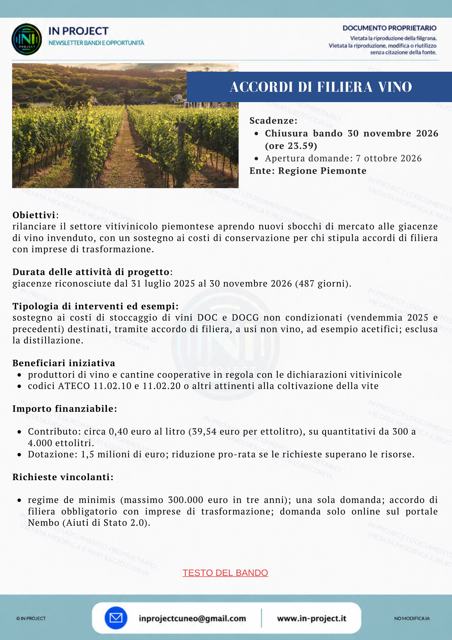 Regione Piemonte — Rilancio del settore vitivinicolo, sostegno agli accordi di filiera (scadenza bando 30 novembre 2026)