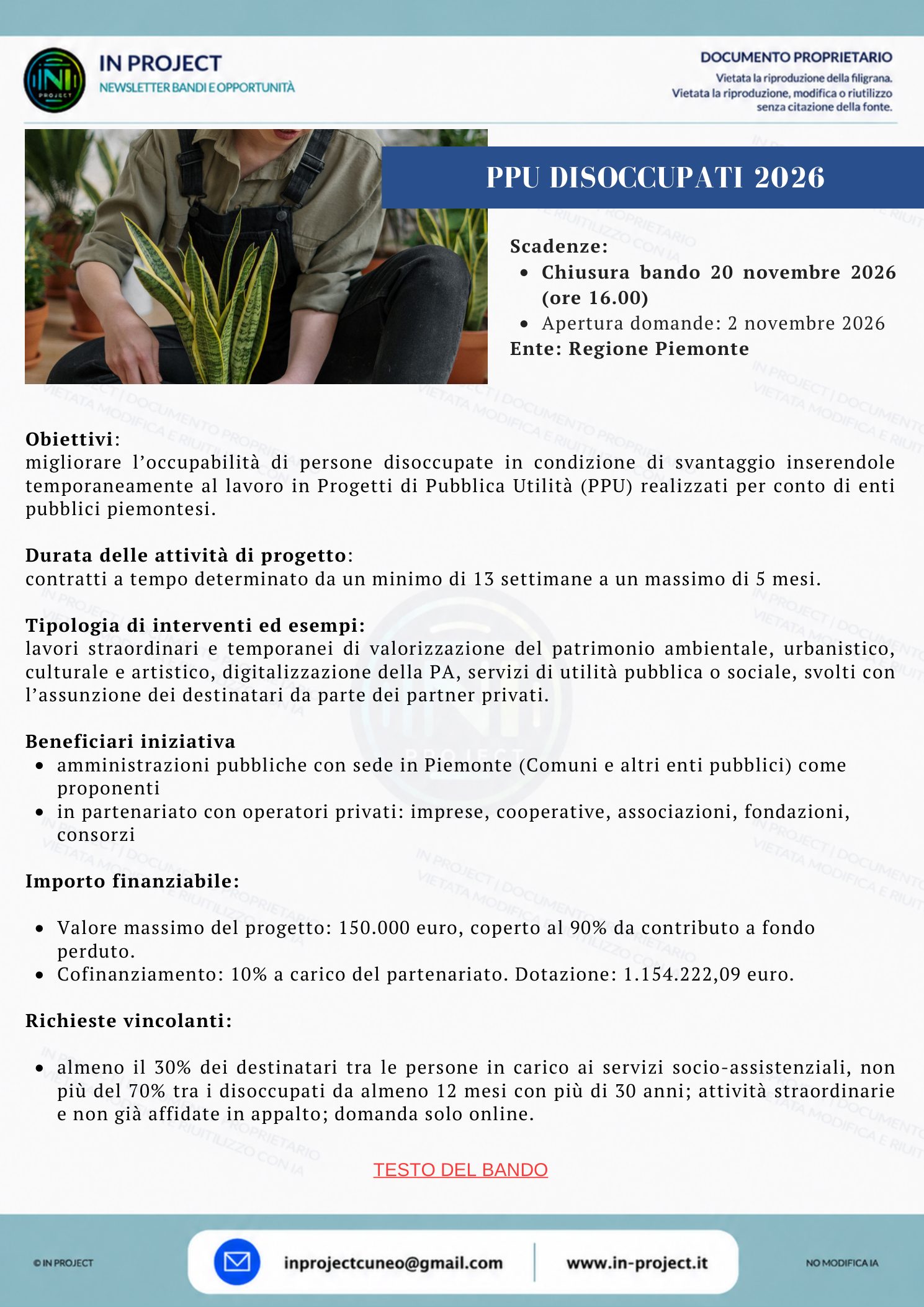 Regione Piemonte — Progetti di Pubblica Utilità (PPU) 2026 per persone disoccupate (scadenza bando 20 novembre 2026)
