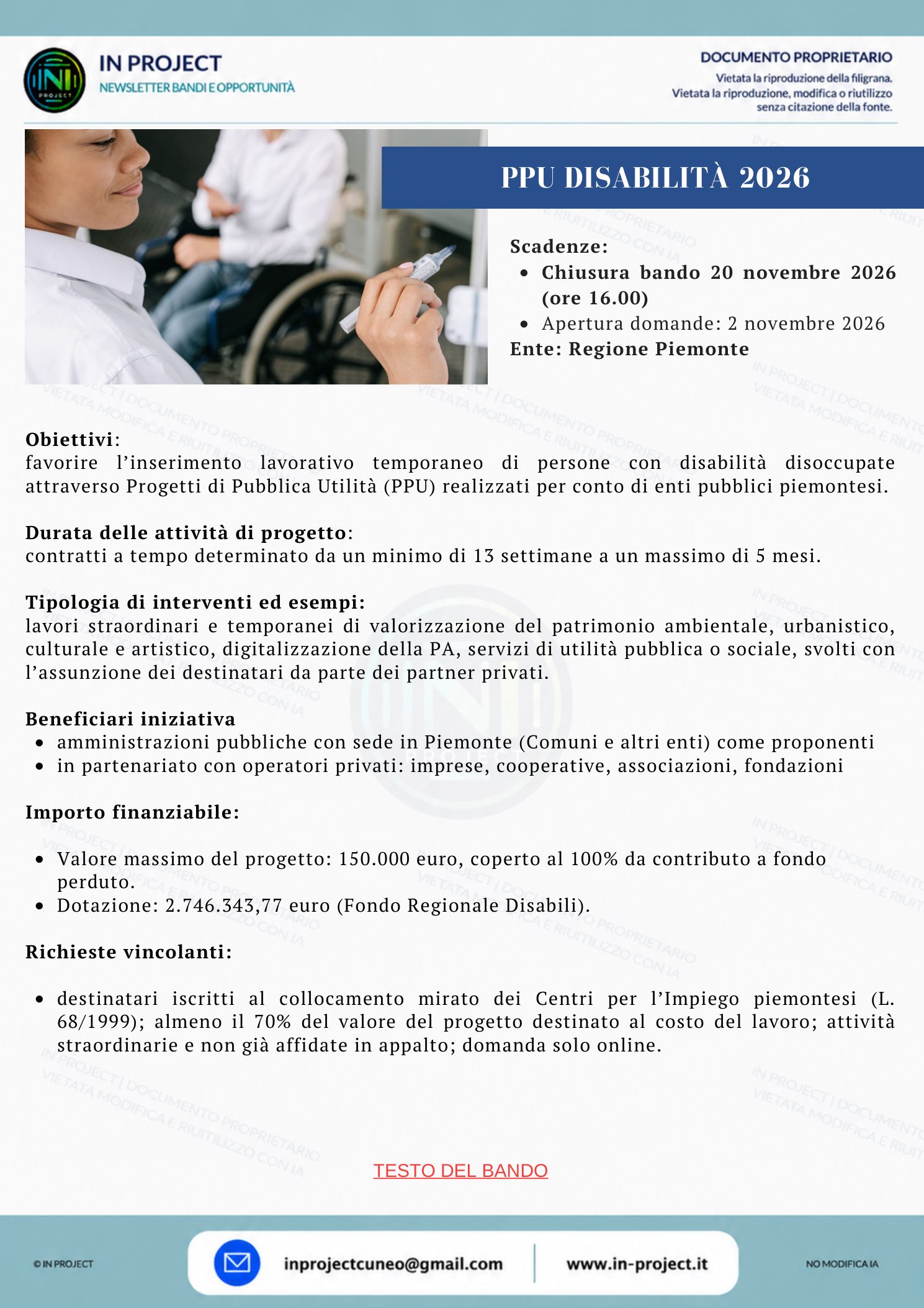 Regione Piemonte — Progetti di Pubblica Utilità (PPU) 2026 per persone con disabilità disoccupate (scadenza bando 20 novembre 2026)