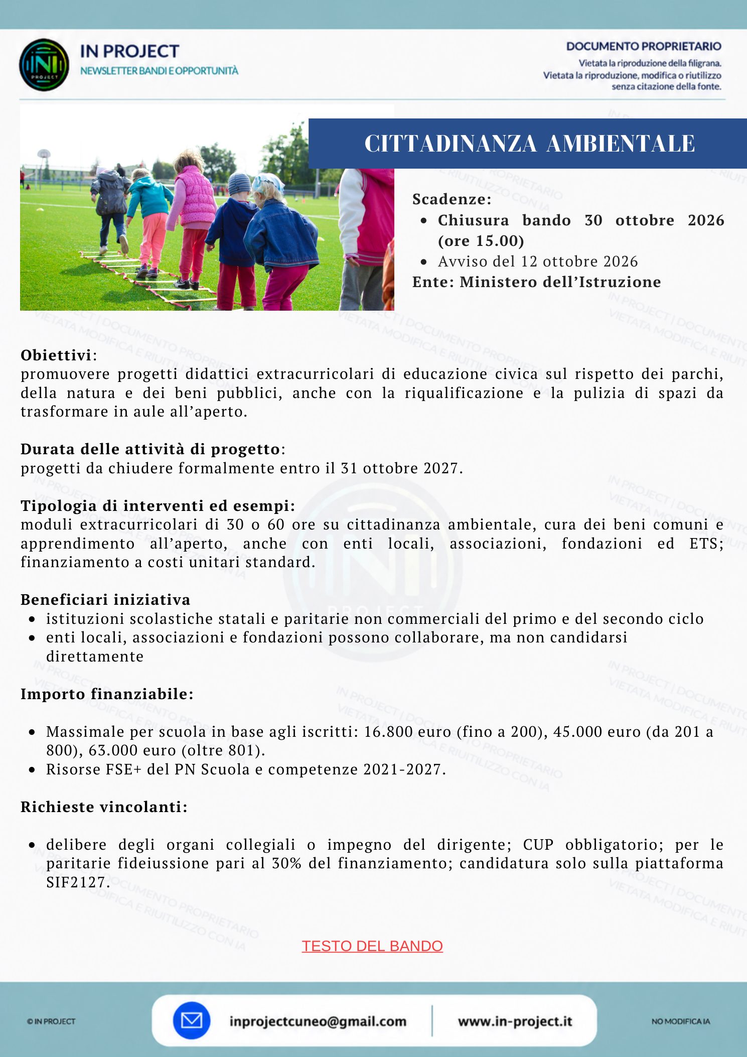 Ministero dell’Istruzione — Cittadinanza ambientale, educazione civica e aule all’aperto nelle scuole (scadenza bando 30 ottobre 2026)