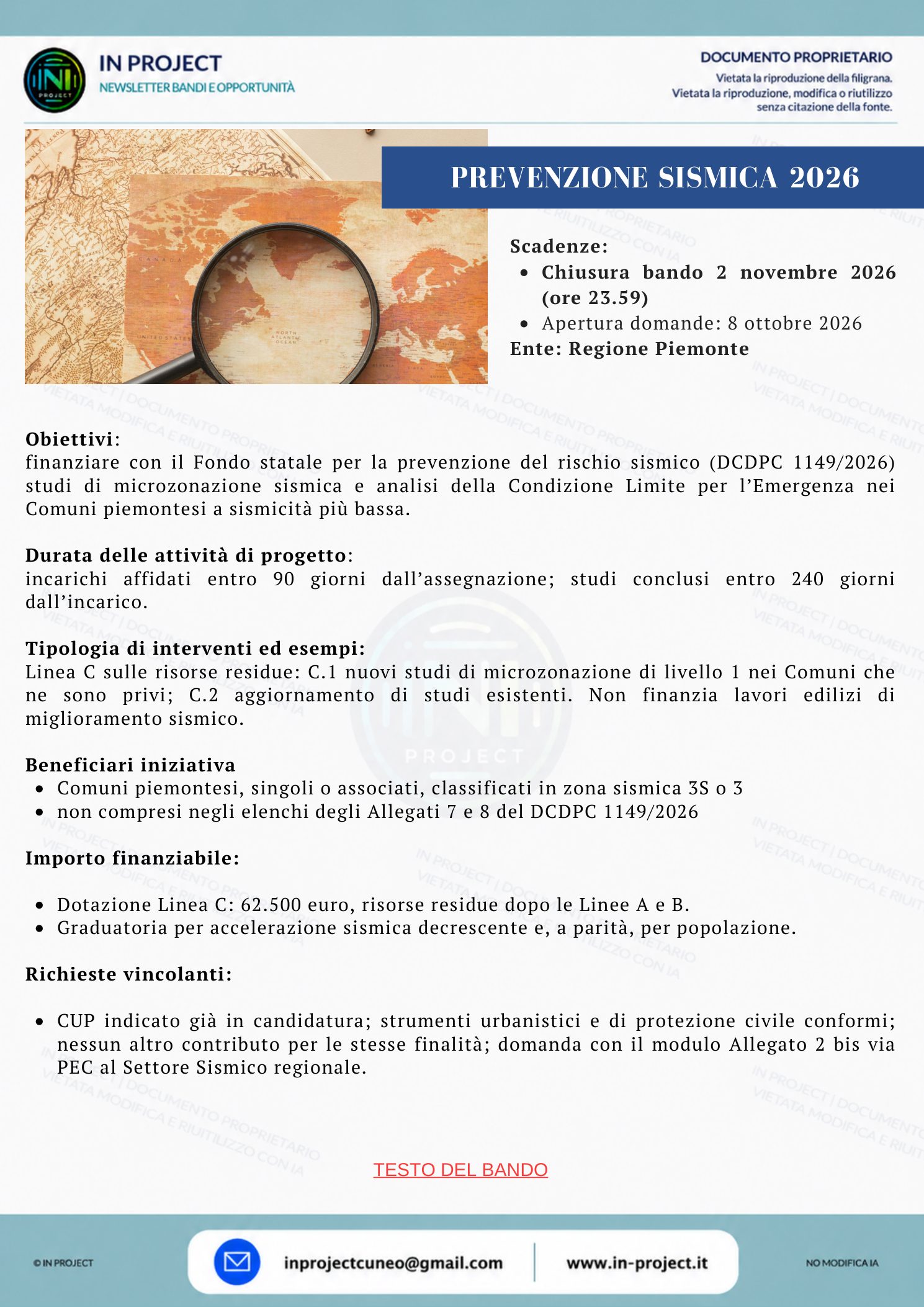 Regione Piemonte — Prevenzione del rischio sismico 2026, microzonazione e analisi CLE nei Comuni (scadenza bando 2 novembre 2026)