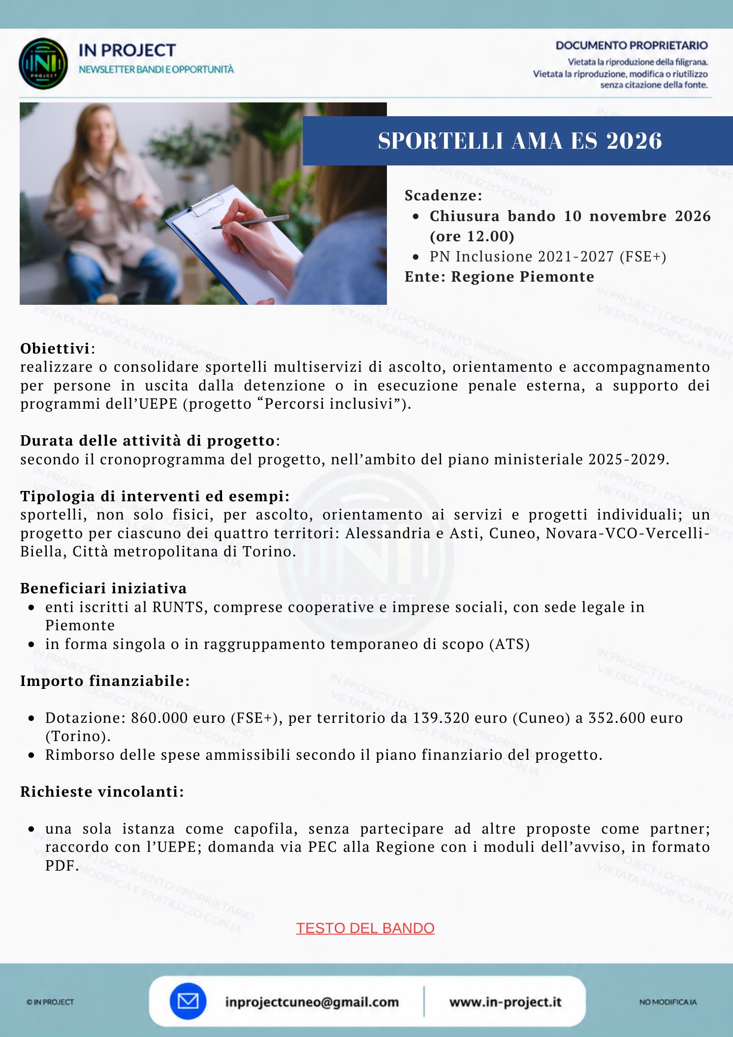 Regione Piemonte — Percorsi inclusivi, sportelli di ascolto per persone in uscita dalla detenzione (scadenza bando 10 novembre 2026)