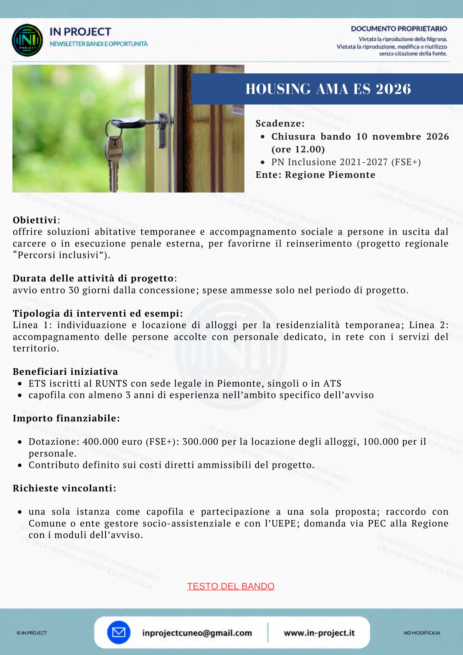 Regione Piemonte — Percorsi inclusivi, residenzialità temporanea per persone in uscita dal carcere (scadenza bando 10 novembre 2026)