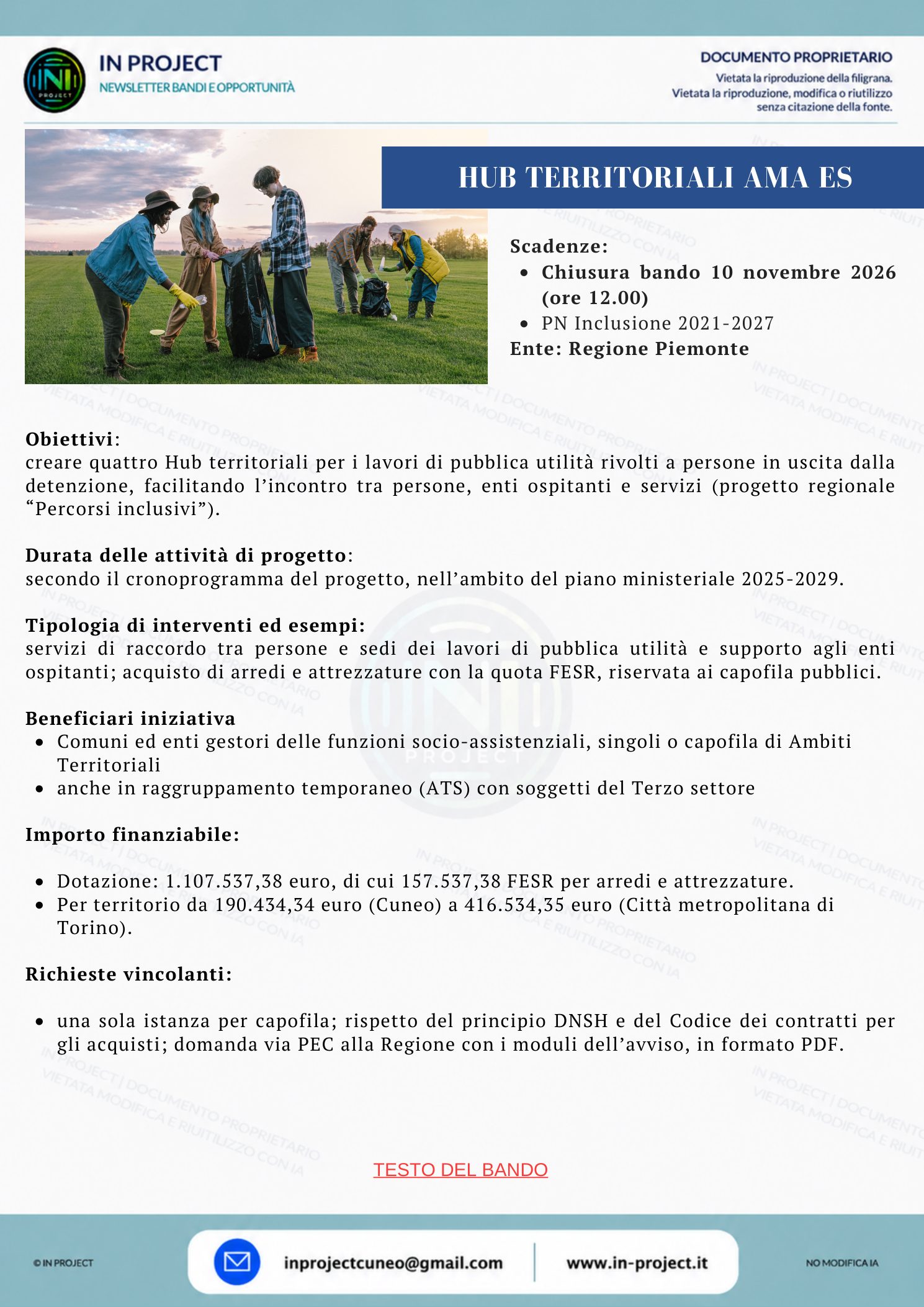 Regione Piemonte — Percorsi inclusivi, Hub territoriali per i lavori di pubblica utilità (scadenza bando 10 novembre 2026)