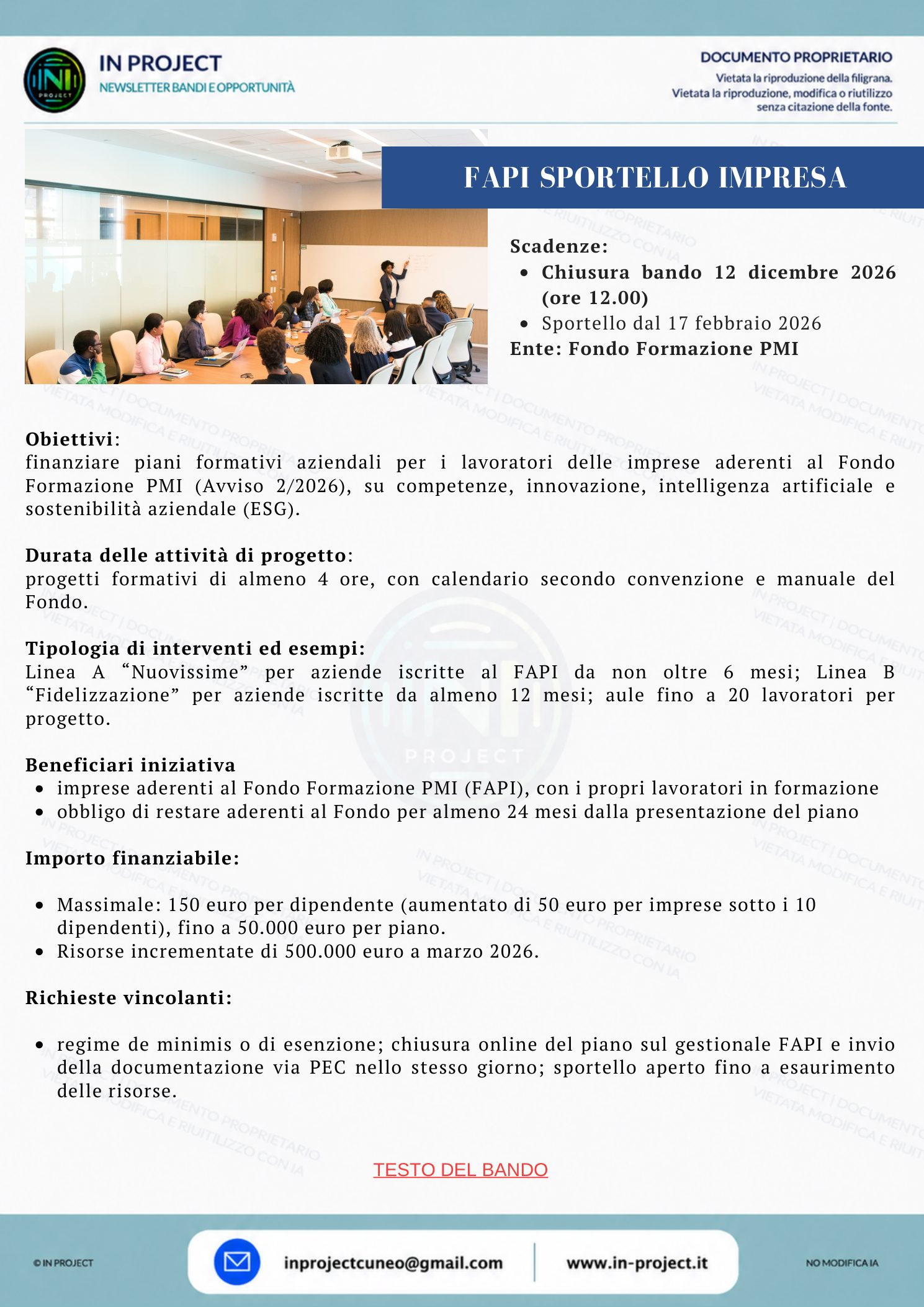 Fondo Formazione PMI — Avviso 2/2026 Sportello Impresa, piani formativi aziendali (scadenza bando 12 dicembre 2026)