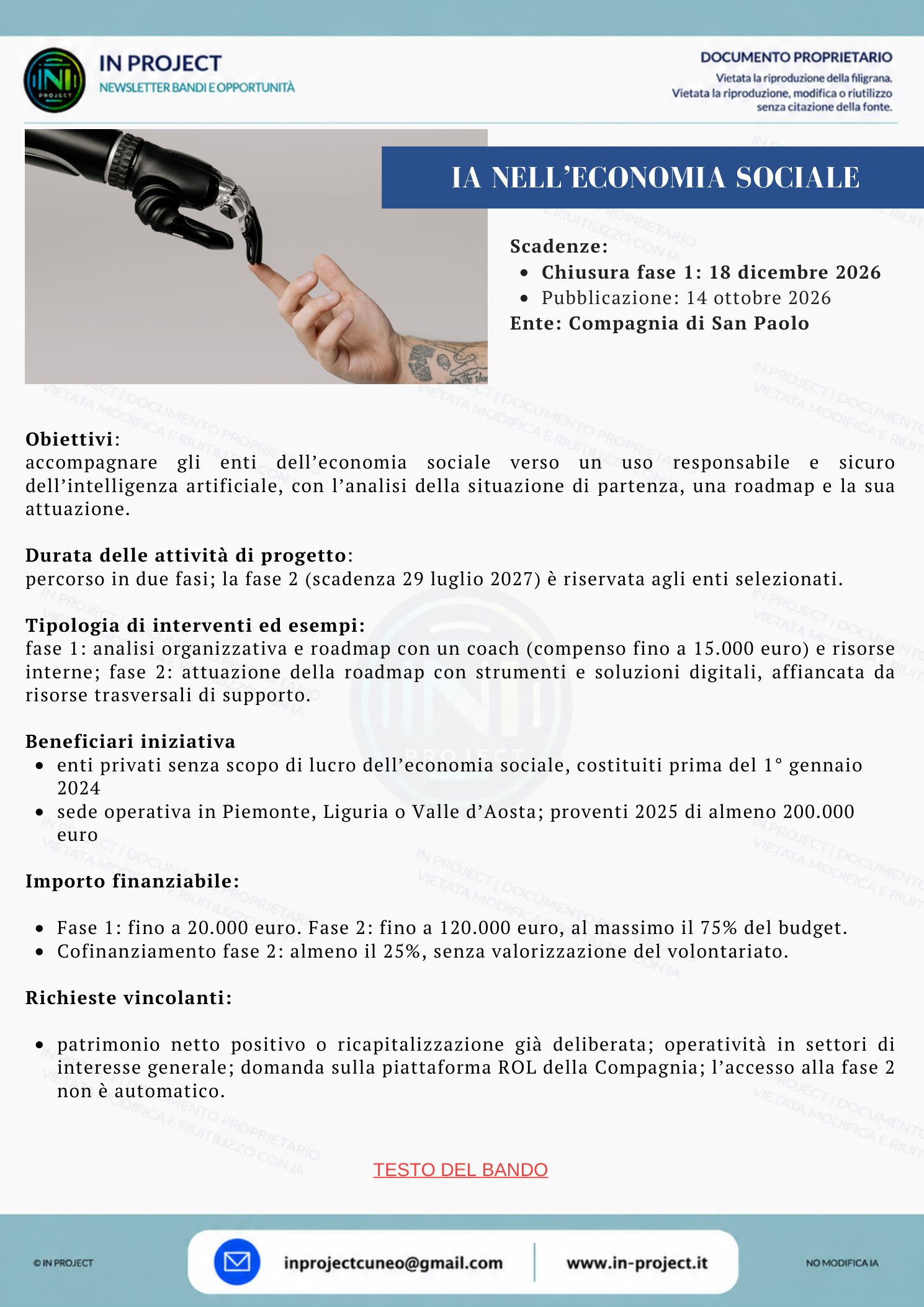 Compagnia di San Paolo — Uso responsabile dell’intelligenza artificiale nell’economia sociale (scadenza bando 18 dicembre 2026)