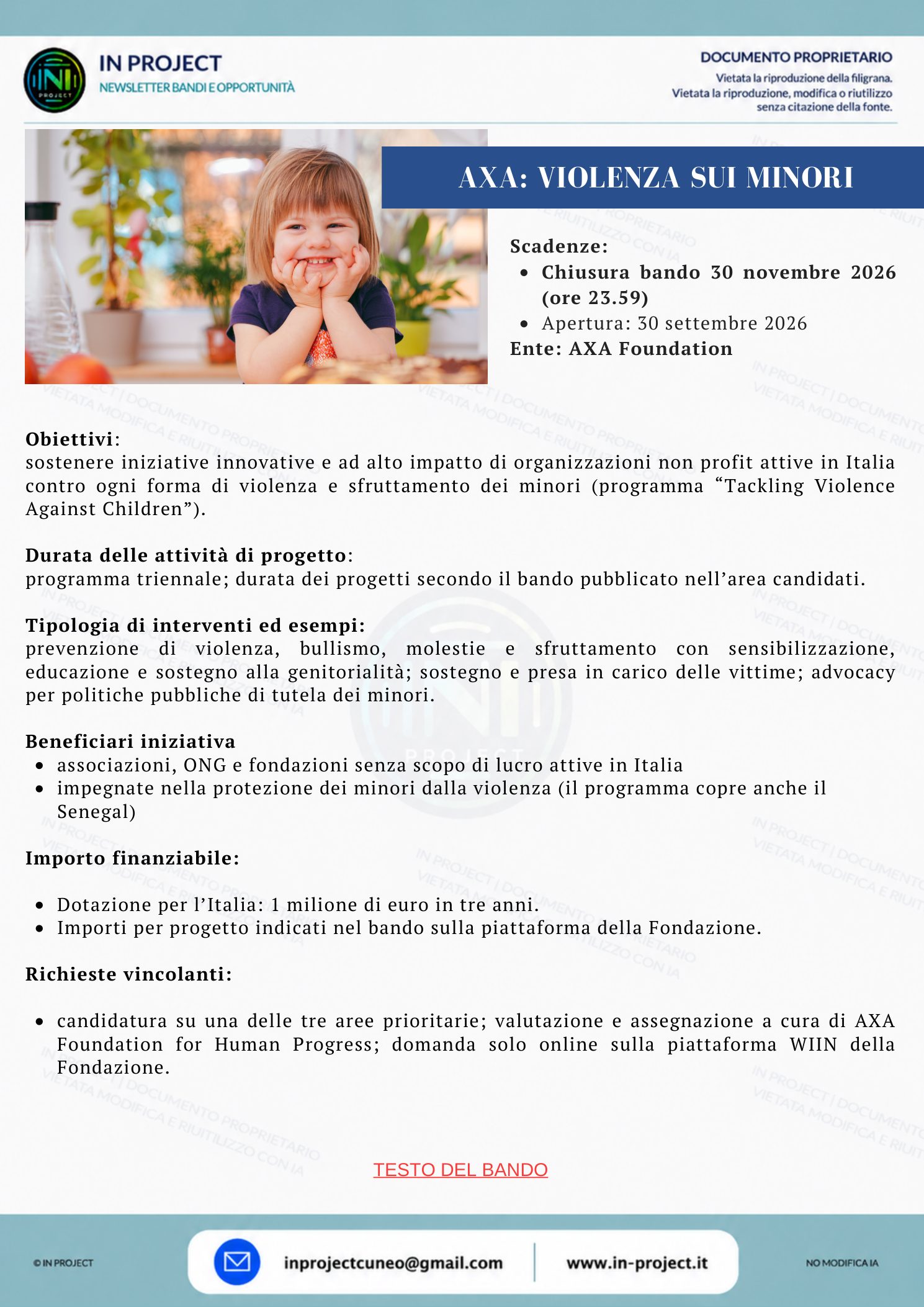 AXA Foundation — Tackling Violence Against Children 2026, contrasto alla violenza sui minori (scadenza bando 30 novembre 2026)