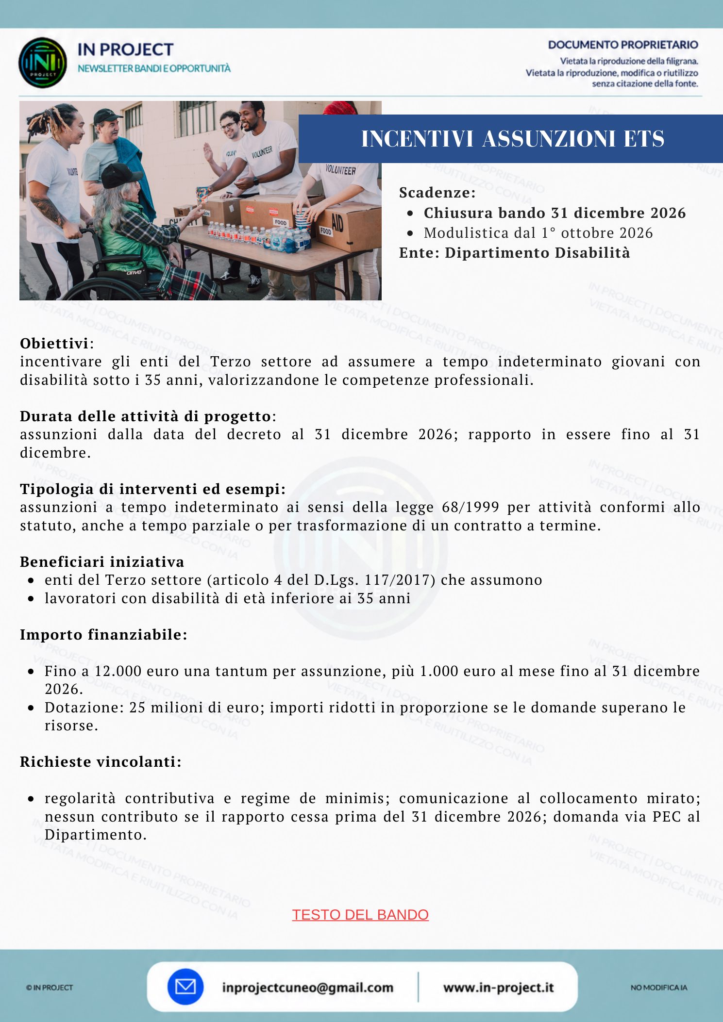 Dipartimento per le politiche in favore delle persone con disabilità — Incentivi agli ETS per l’assunzione di giovani con disabilità (scadenza bando 31 dicembre 2026)
