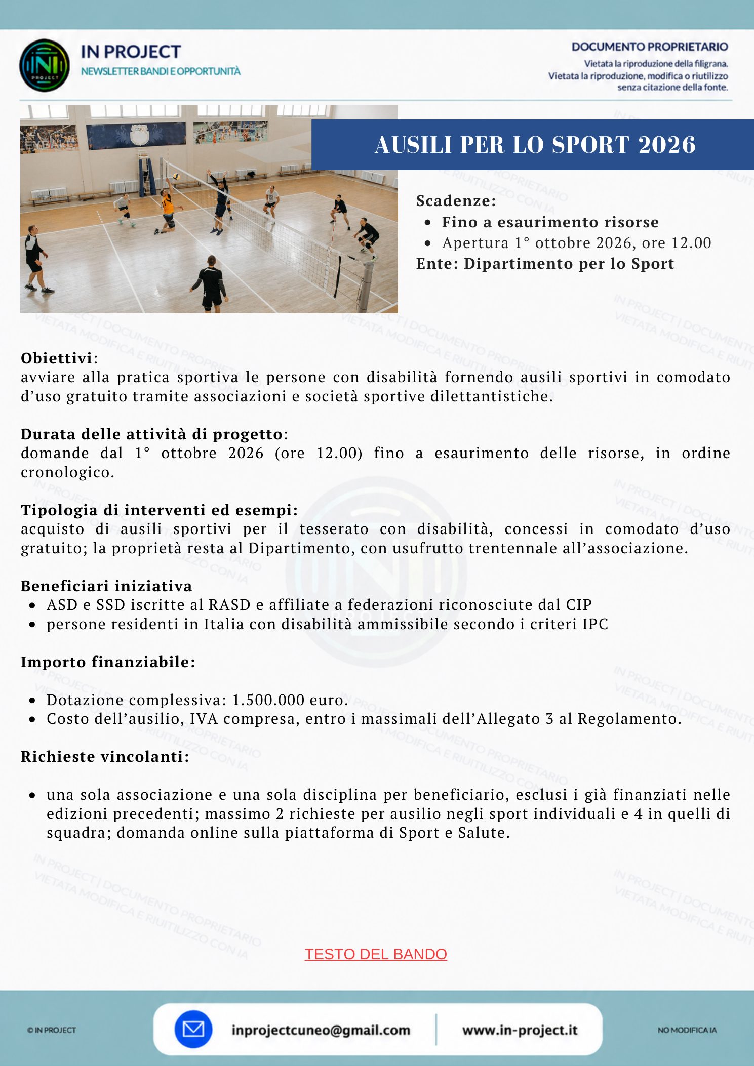 Dipartimento per lo Sport — Ausili per lo sport 2026, ausili sportivi in comodato per persone con disabilità (bando a sportello fino a esaurimento risorse)