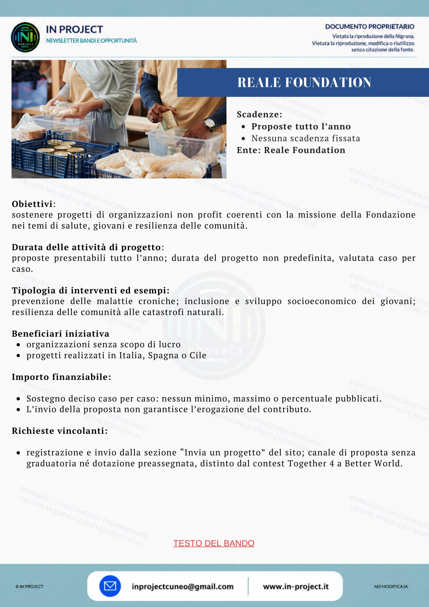Reale Foundation — Progetti per salute, giovani e comunità (bando sempre aperto, senza scadenza)